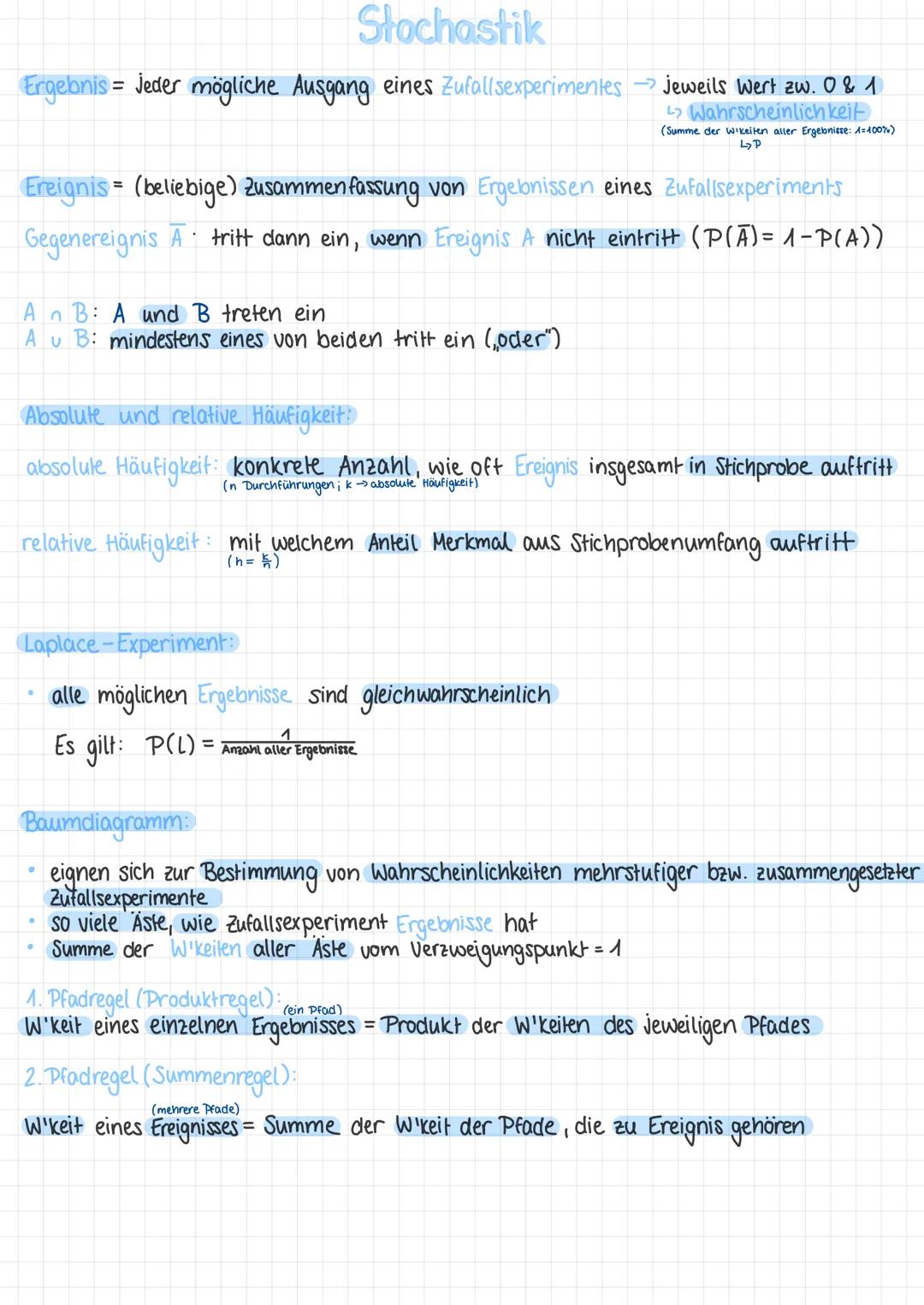 Stochastik
Ergebnis = jeder mögliche Ausgang eines Zufallsexperimentes
jeweils Wert zw. 0 & 1
Wahrscheinlich keit
(Summe der Wikeiten aller