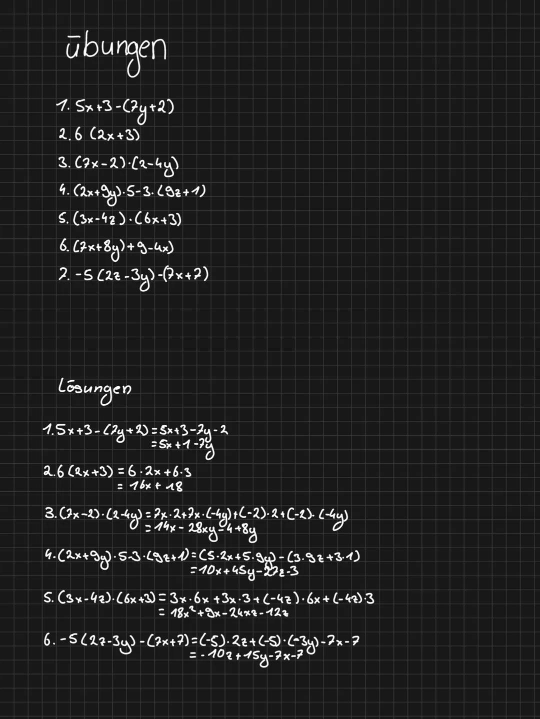 # Klammern
Addition
→Steht vor der Klammer ein +, kann die Klammer
einfach weggelassen werden
Bsp. 5+2x+(3-4y)=5+2x+3-4y
9x-4y+C62+3)=9x