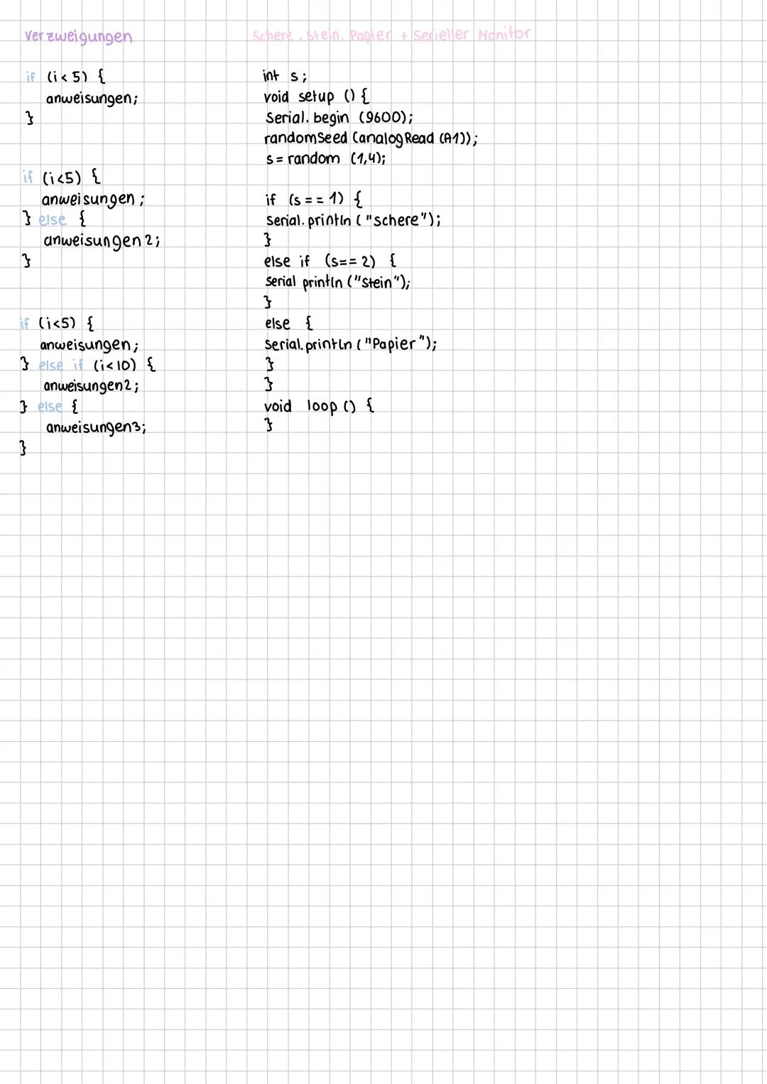 Grundlegender Aufbau eines Arduino - Sketches.
- void setup () {}
→ wird als erstes ausgeführt, Einstellungen können vorgenommen werden,