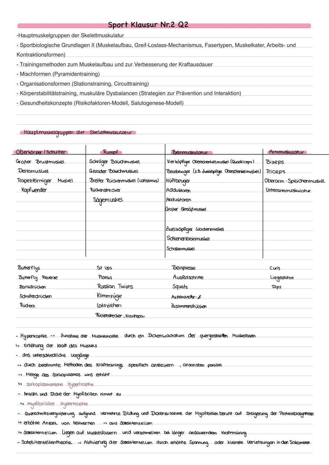# Sport Klausur Nr.2 Q2
-Hauptmuskelgruppen der Skelettmuskulatur
- Sportbiologische Grundlagen II (Muskelaufbau, Greif-Loslass-Mechanismus