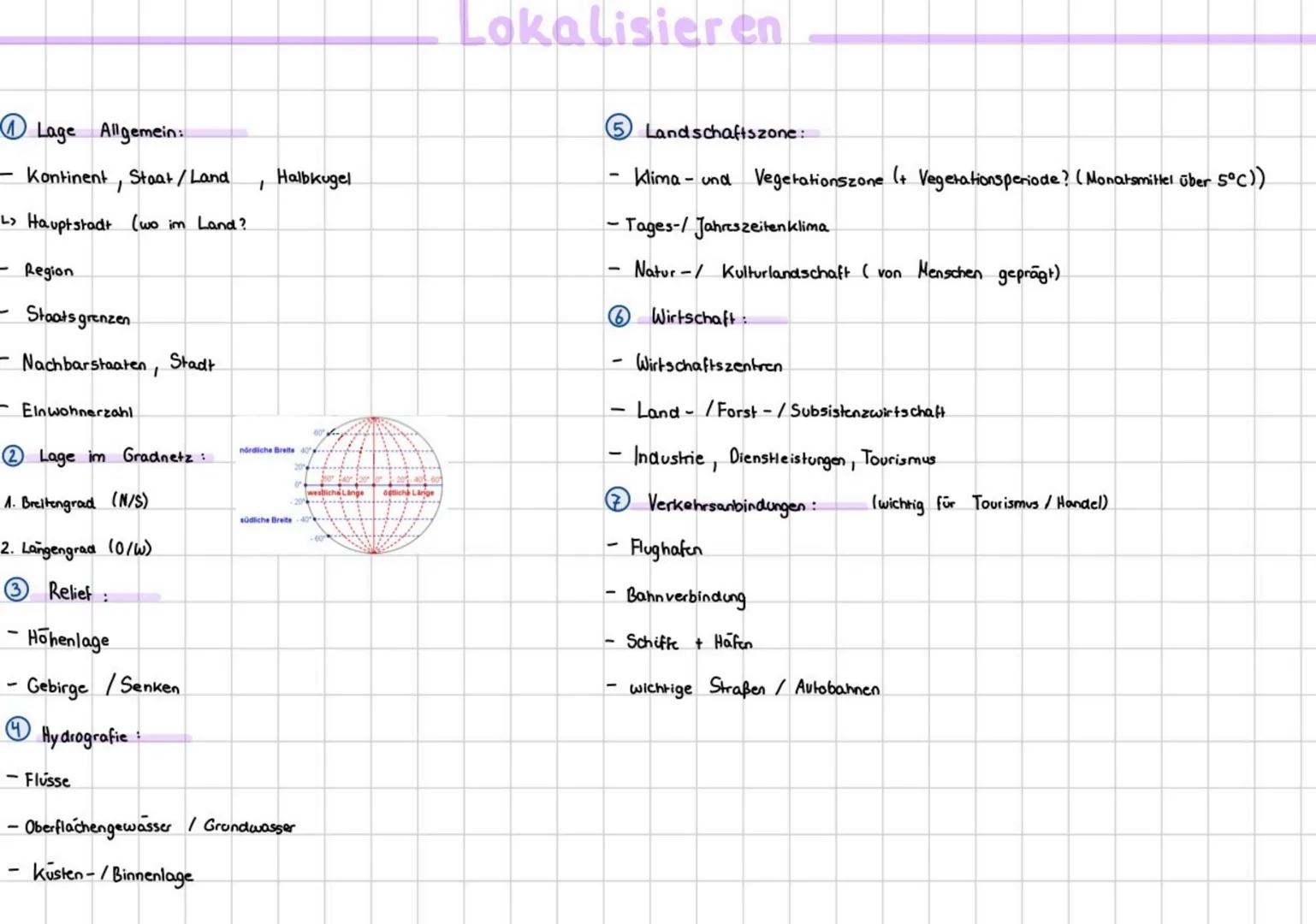 Lokalisieren
⑤ Landschaftszone:
- Klima- und Vegetationszone (+ Vegetationsperiode? (Monatsmittel über 5°C))
-Tages-/ Jahreszeiten klima
-
N