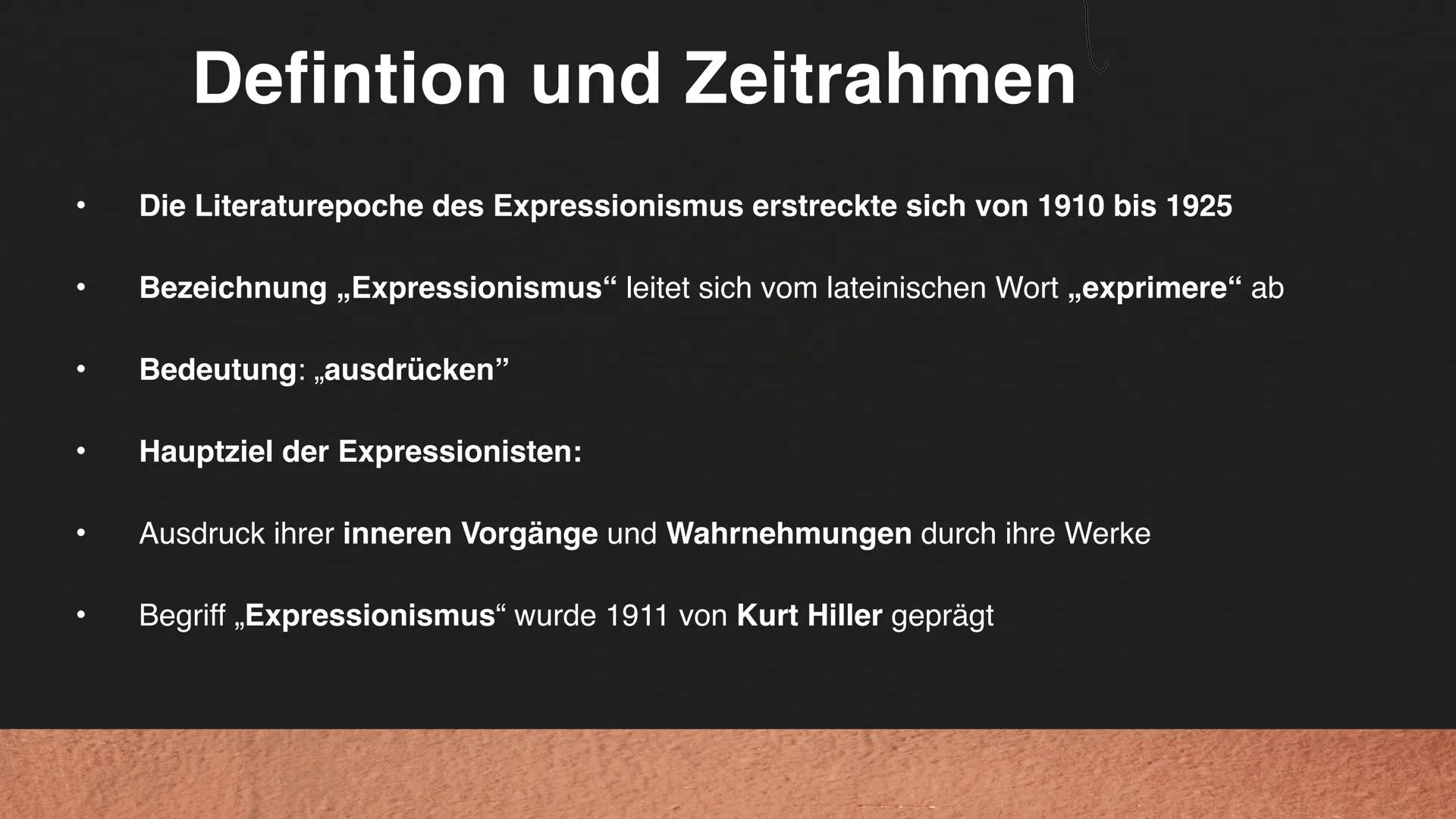 # Expressionis
mus Inhalts
angabe
01 Definition und Zeitraum
02 Historischer Hintergrund
03 Phasen des
Expressionismus
04 Motive und Themen