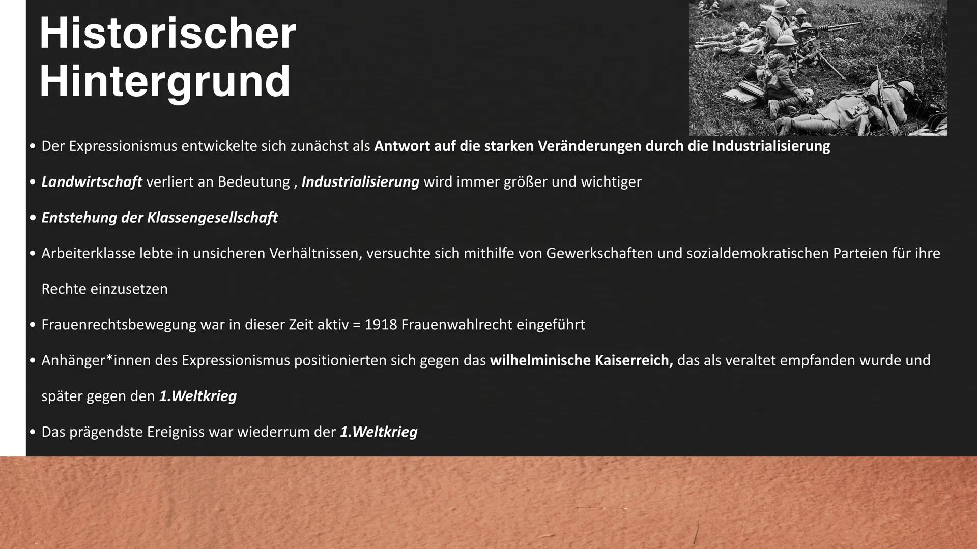 # Expressionis
mus Inhalts
angabe
01 Definition und Zeitraum
02 Historischer Hintergrund
03 Phasen des
Expressionismus
04 Motive und Themen