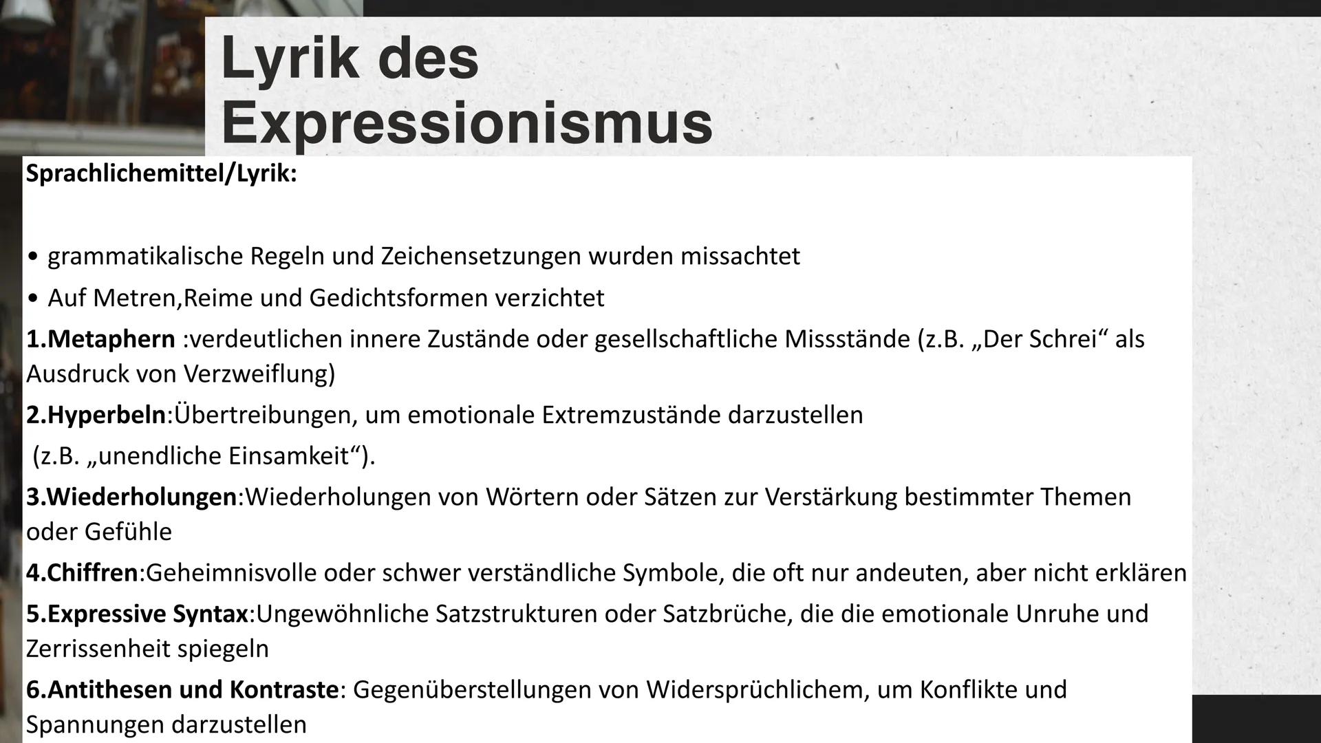 # Expressionis
mus Inhalts
angabe
01 Definition und Zeitraum
02 Historischer Hintergrund
03 Phasen des
Expressionismus
04 Motive und Themen