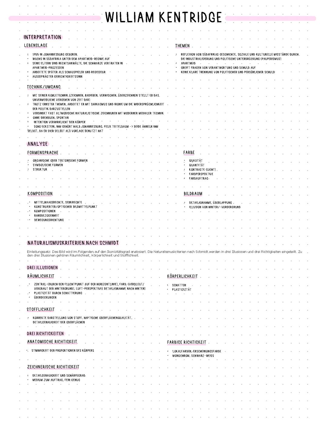 Lernzettel William Kentridge, Analyseschema