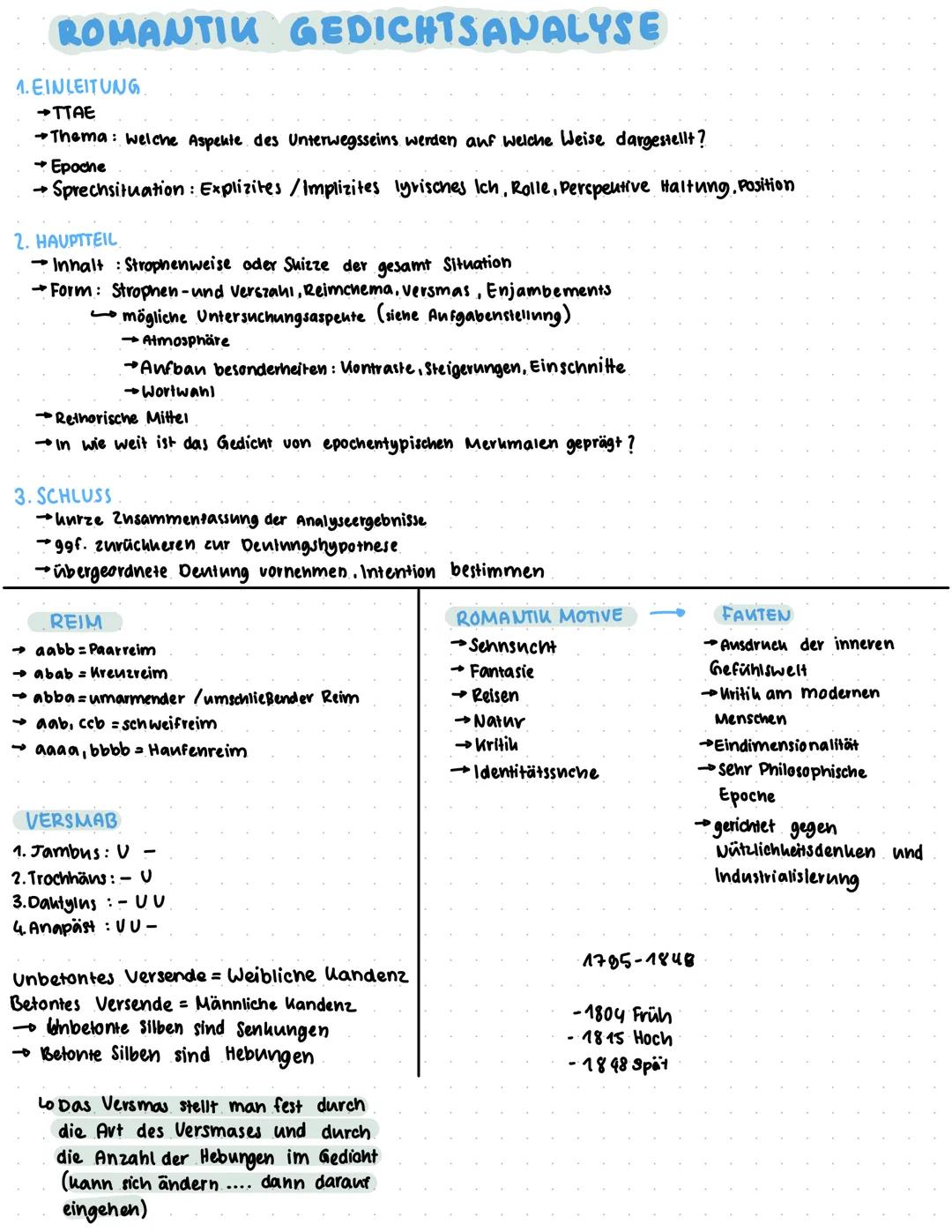 ROMANTIK GEDICHTSANALYSE
1. EINLEITUNG
→TTAE
Thema: welche Aspekte des Unterwegsseins werden auf welche Weise dargestellt?
→ Epoche
→ Sprech