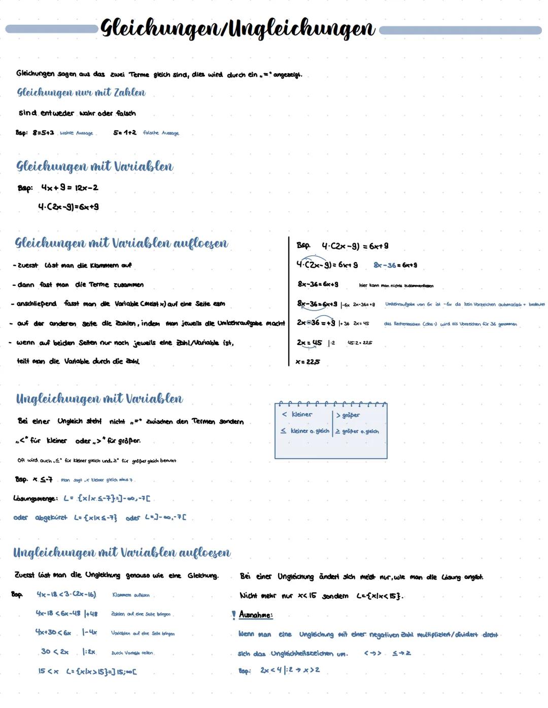 # Gleichungen/Ungleichungen
Gleichungen sagen aus das zwei Terme gleich sind, dies wird durch ein="angezeigt.
## Gleichungen nur mit Zahle