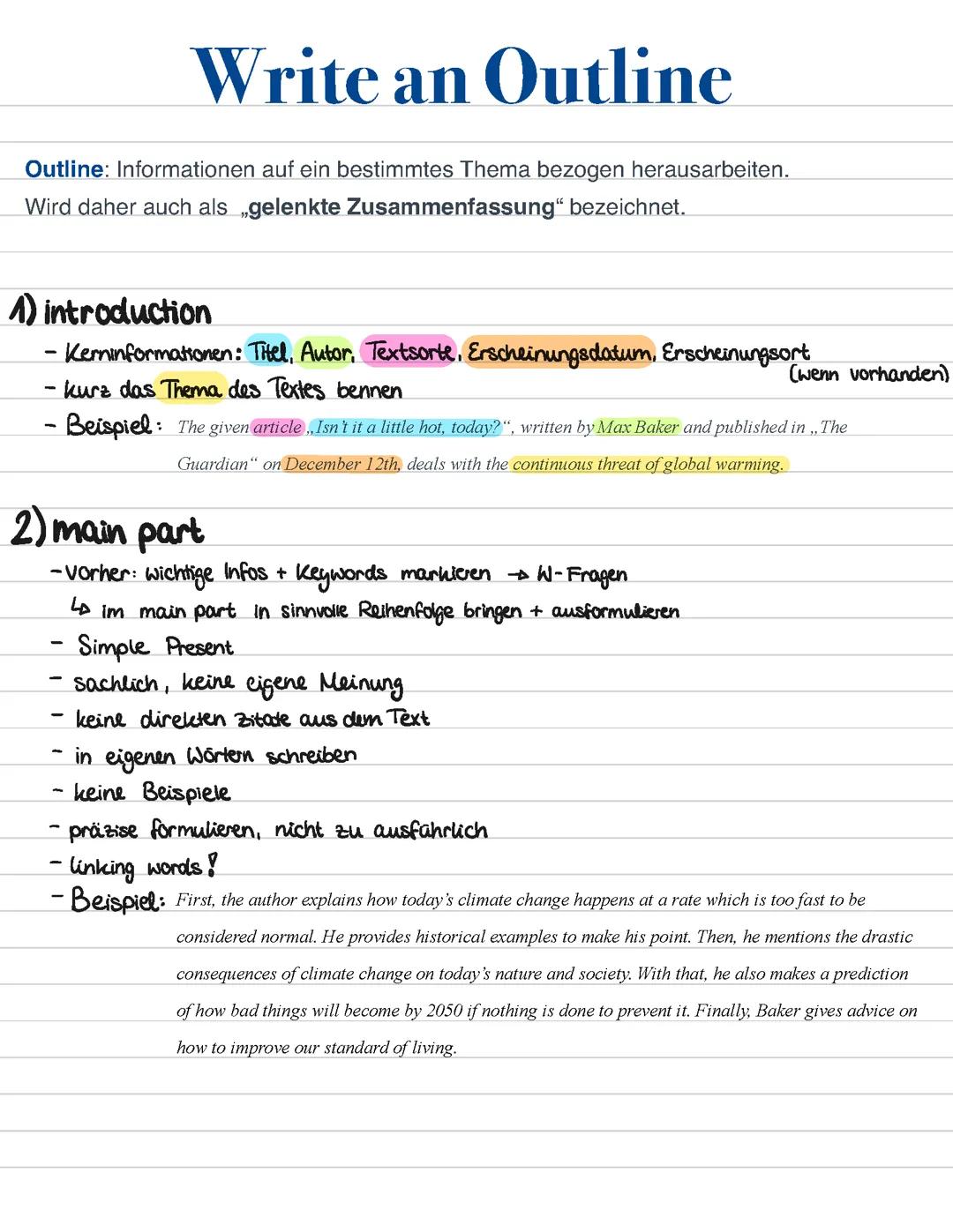 Outline Writing: Aufbau und Beispiel 12. Klasse Q1 Englisch