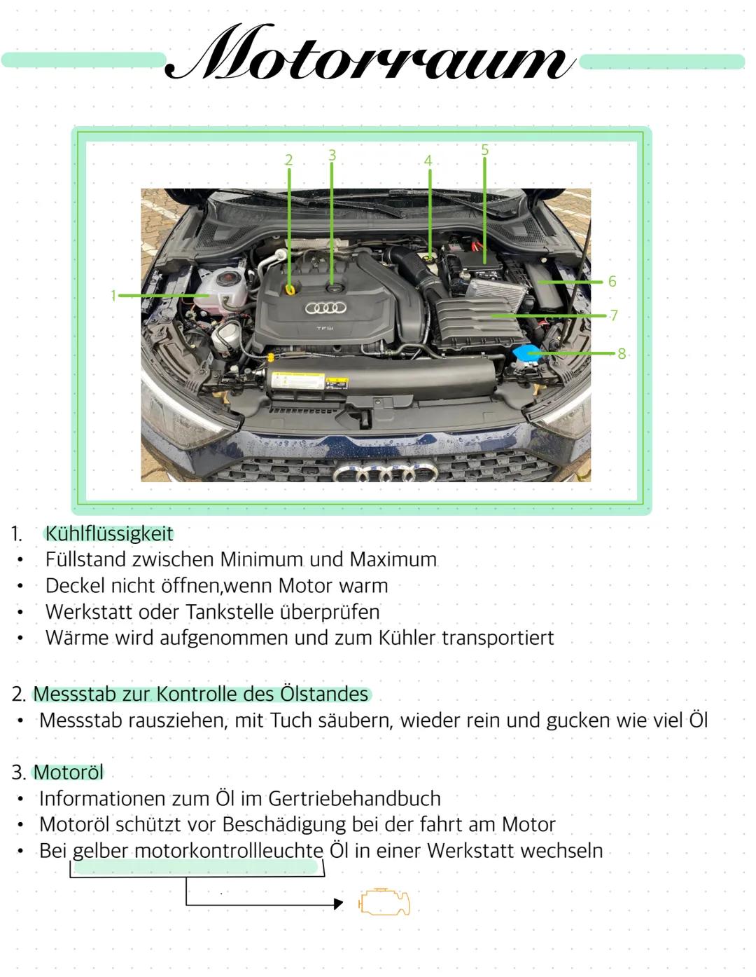 Motorraum
1. Kühlflüssigkeit
88999
TFSI
•
Füllstand zwischen Minimum und Maximum
•
Deckel nicht öffnen, wenn Motor warm
•
Werkstatt oder Tan