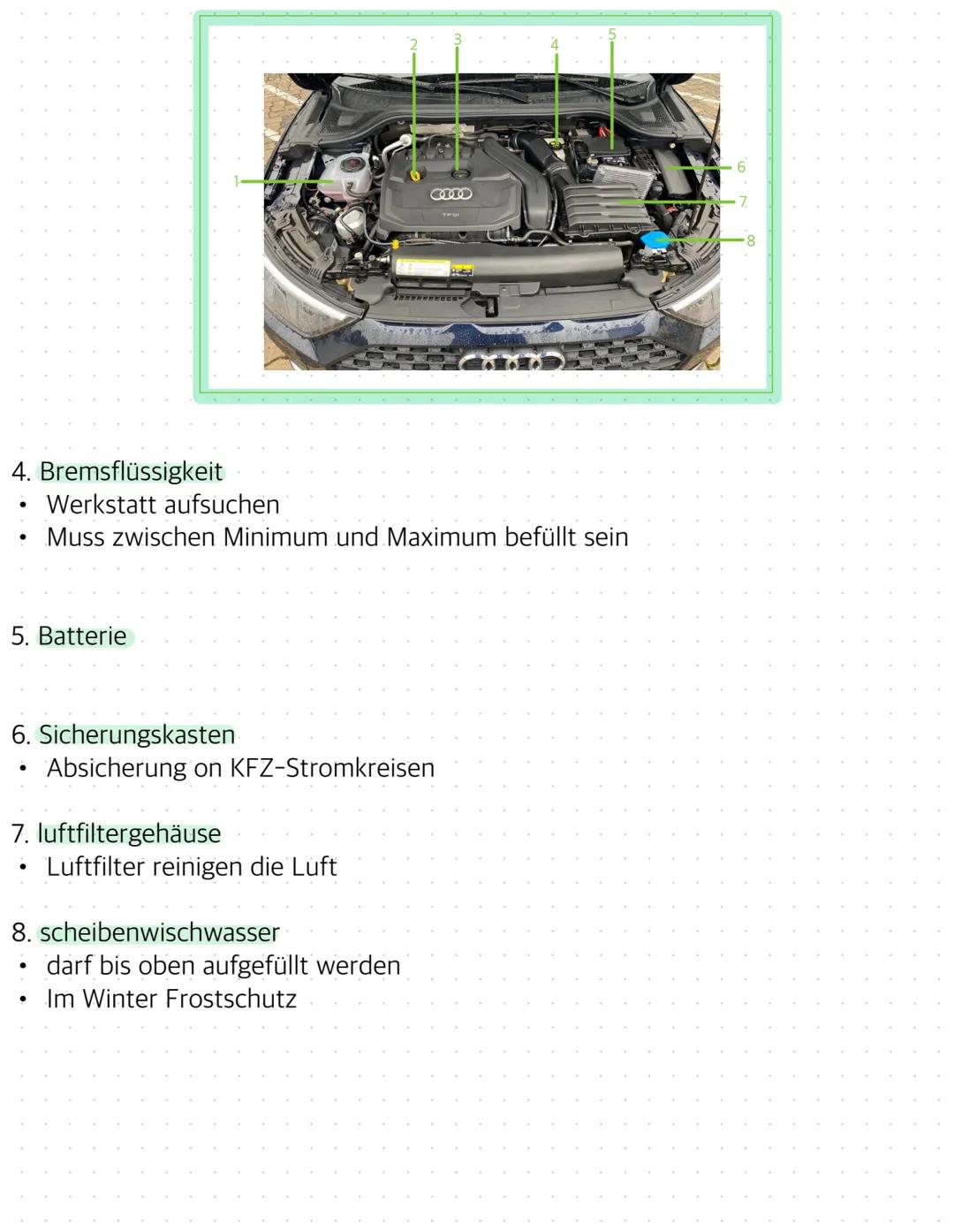Motorraum
1. Kühlflüssigkeit
88999
TFSI
•
Füllstand zwischen Minimum und Maximum
•
Deckel nicht öffnen, wenn Motor warm
•
Werkstatt oder Tan