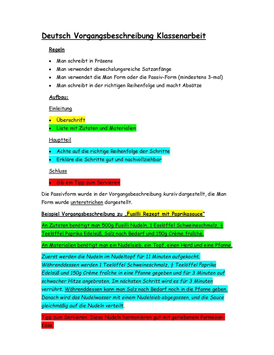 Deutsch Vorgangsbeschreibung Lernzettel