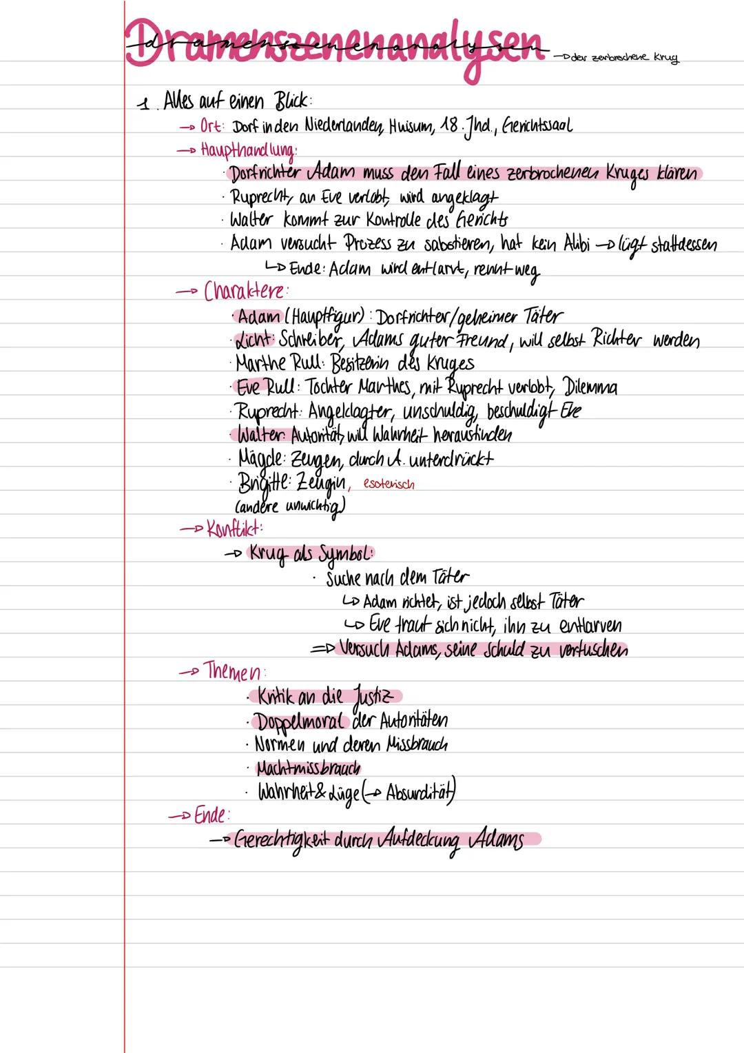 Pramenszenenanalysen.
1. Alles auf einen Blick:
4
→
-Dder zerbrochene Krug
•Ort: Dorf in den Niederlanden, Huisum, 18. Jhd., Gerichtssaal
•H