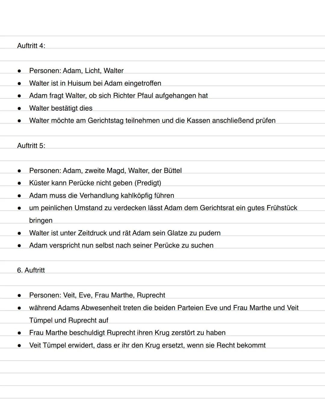 Inhaltsangabe,,der zerbrochene Krug"
Auftritt 1:
Personen: Adam, Licht
• Dorfrichter Adam bekommt in seiner Gerichtsstube Besuch von seinem