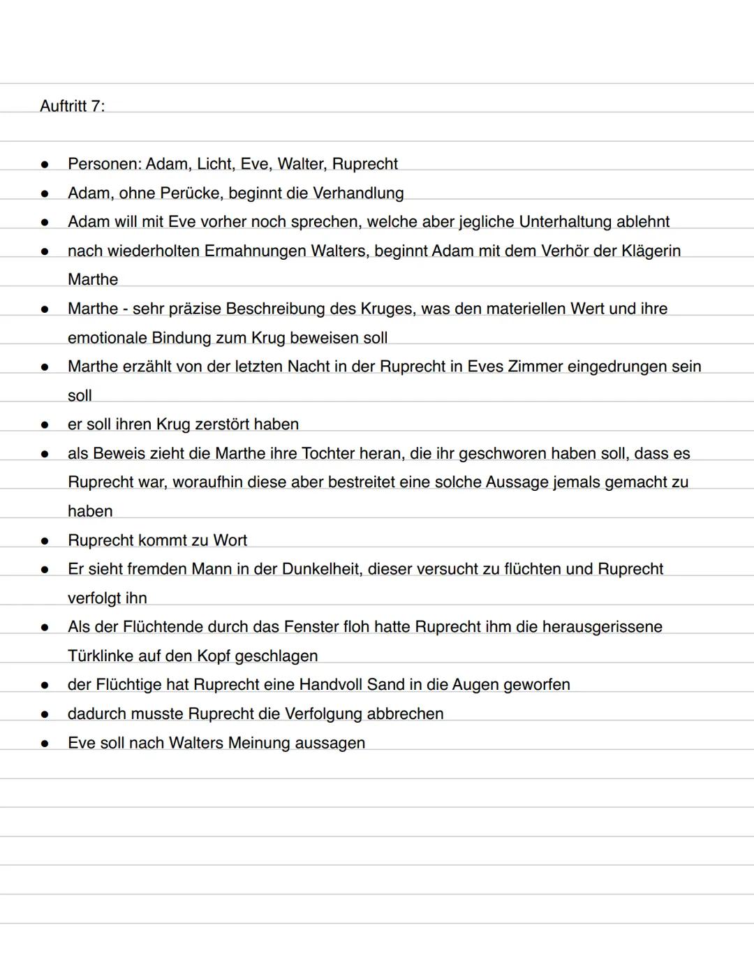 Inhaltsangabe,,der zerbrochene Krug"
Auftritt 1:
Personen: Adam, Licht
• Dorfrichter Adam bekommt in seiner Gerichtsstube Besuch von seinem