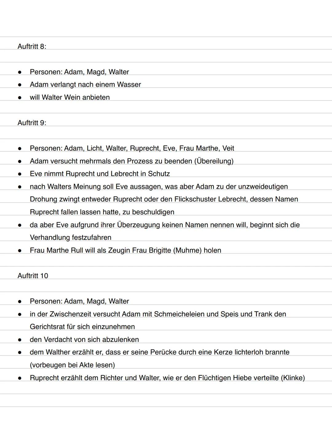 Inhaltsangabe,,der zerbrochene Krug"
Auftritt 1:
Personen: Adam, Licht
• Dorfrichter Adam bekommt in seiner Gerichtsstube Besuch von seinem