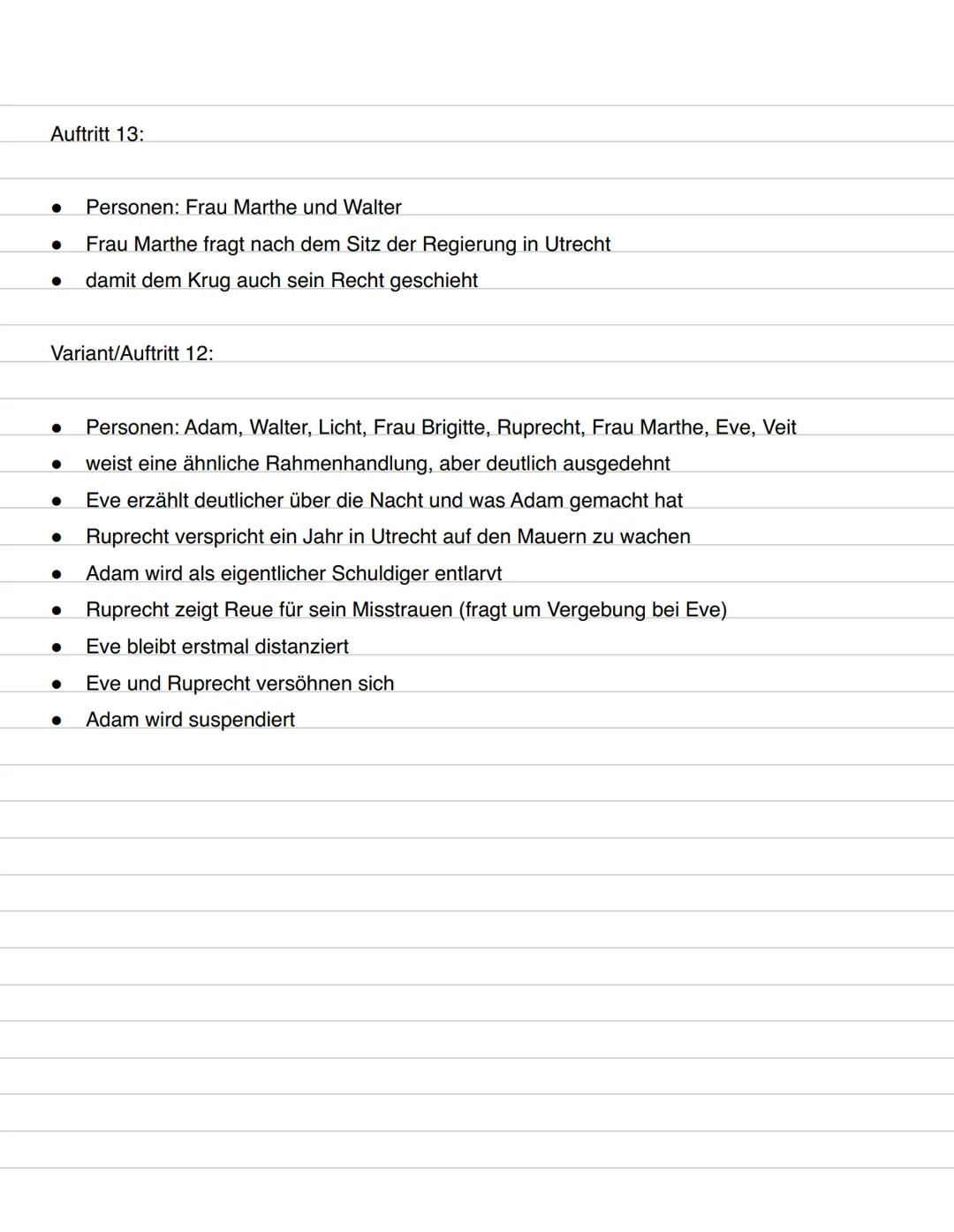 Inhaltsangabe,,der zerbrochene Krug"
Auftritt 1:
Personen: Adam, Licht
• Dorfrichter Adam bekommt in seiner Gerichtsstube Besuch von seinem