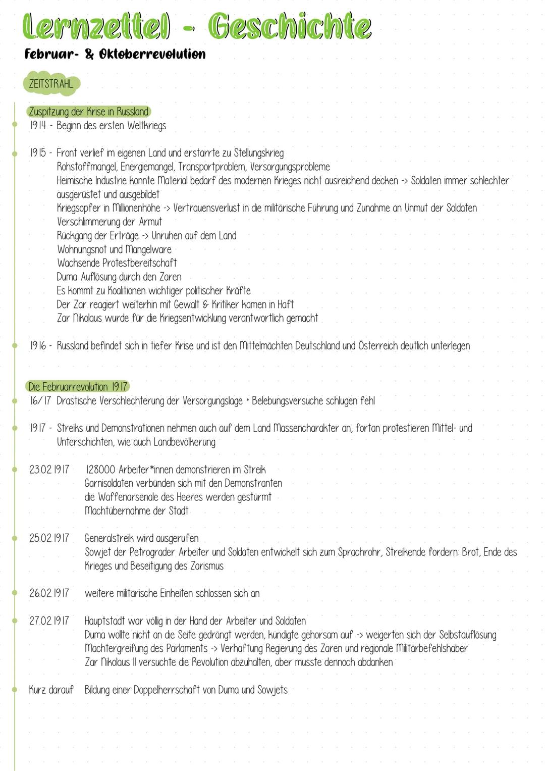 Lernzettel - Geschichte
Februar- & Oktoberrevolution
ZEITSTRAHL
Zuspitzung der Krise in Russland
1914 Beginn des ersten Weltkriegs
1915 Fron
