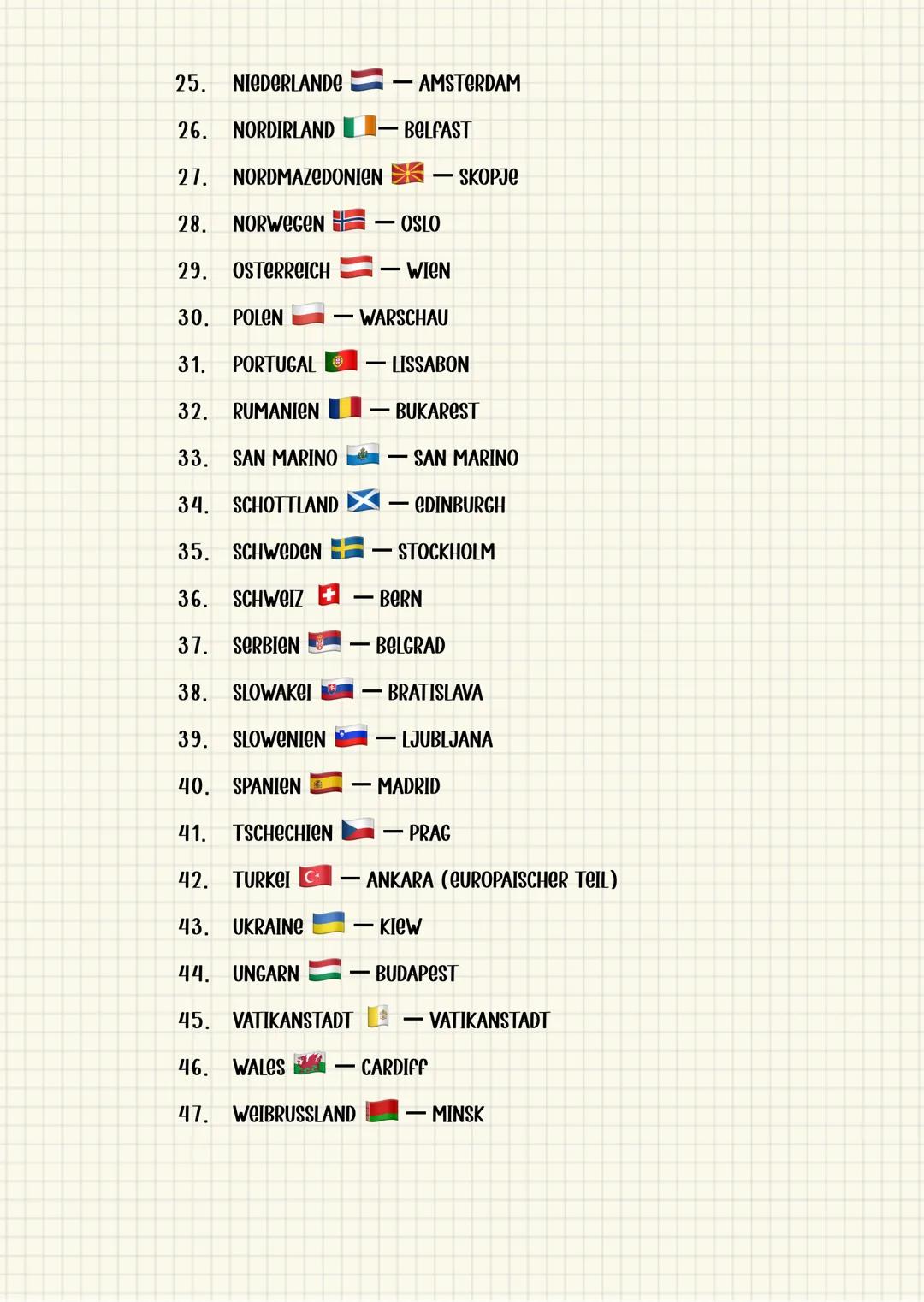 # LAENDER UND IHRE HAUPTSTAEDTE
IN EUROPA
1. ALBANIEN - TIRANA
2. ANDORRA - ANDORRA LA VELLA
3. BELGIEN - BRUSSEL
4. BOSNIEN UND HE