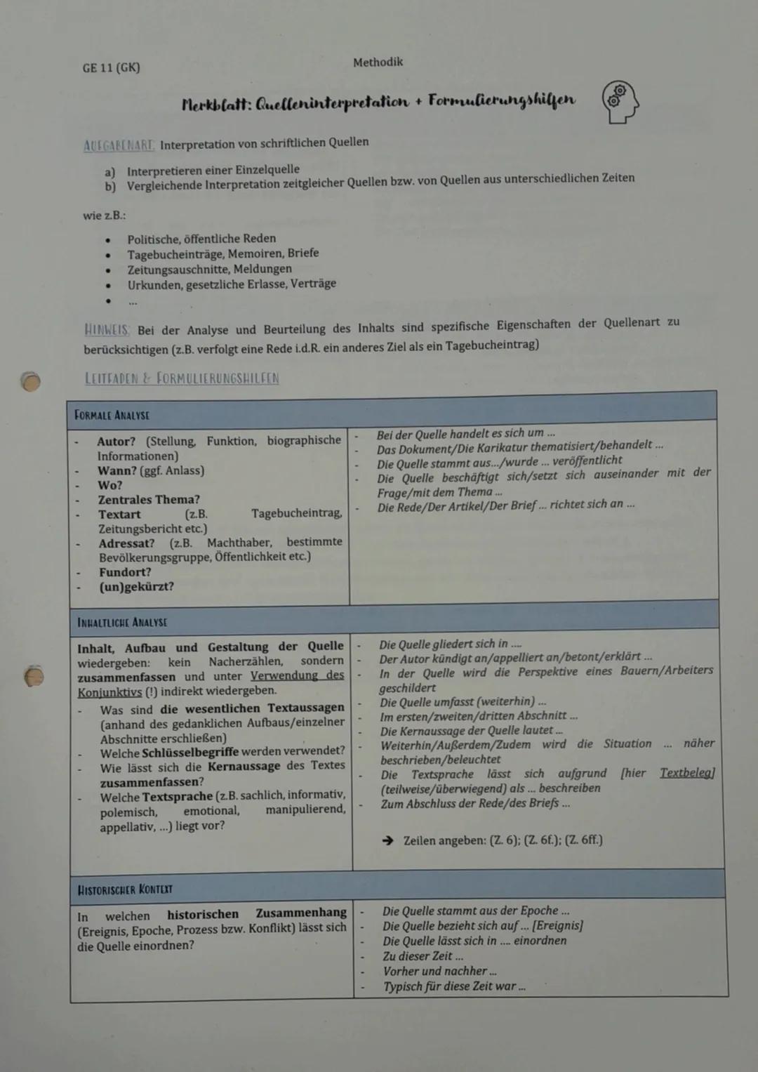 GE 11 (GK)
Methodik
Merkblatt: Quelleninterpretation + Formulierungshilfen
AUFGABENART Interpretation von schriftlichen Quellen
a) Interpret