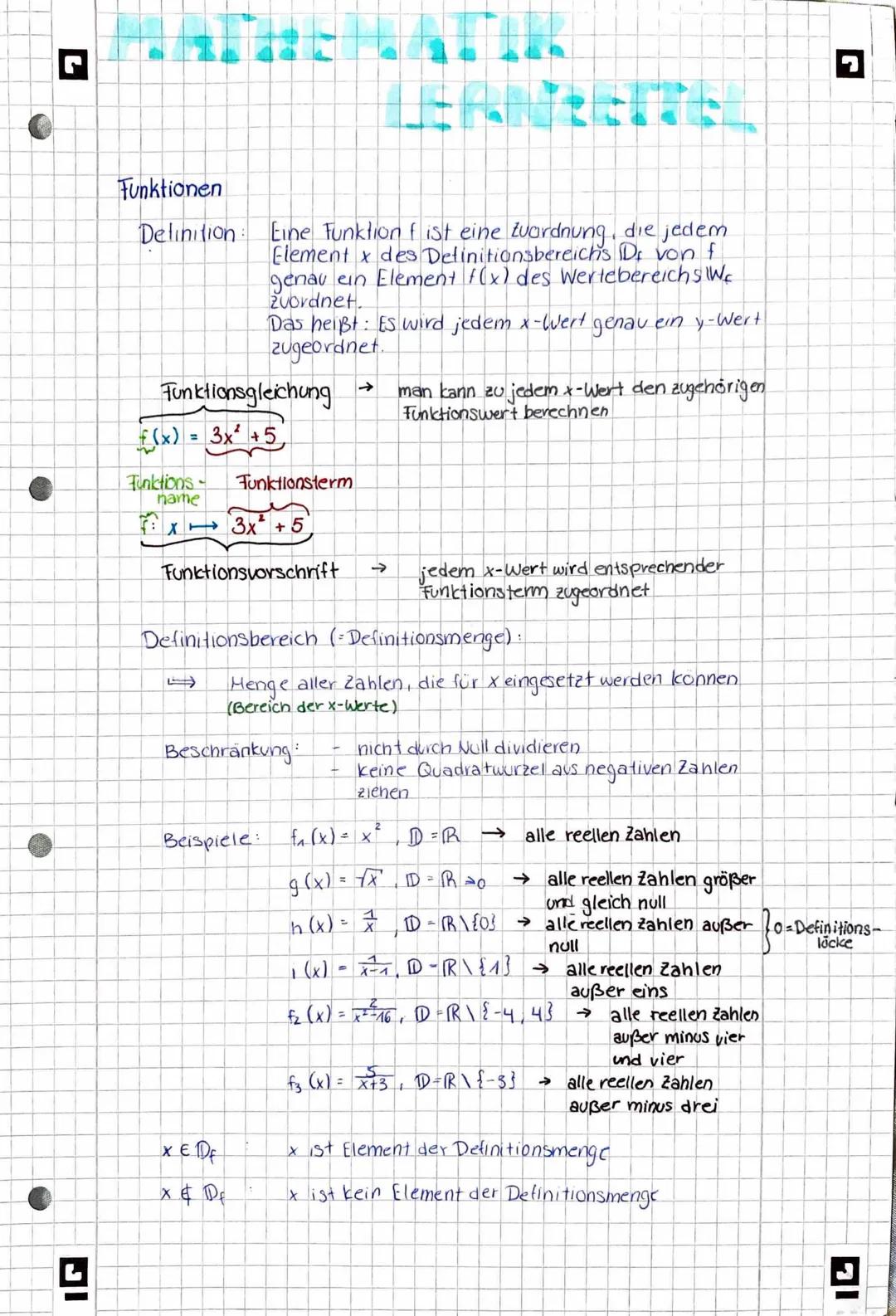 L
☑
Funktionen
Definition
Eine Funktion fist eine Zuordnung, die jedem
Element des Definitionsbereichs Df von f
genau ein Element f(x) des W