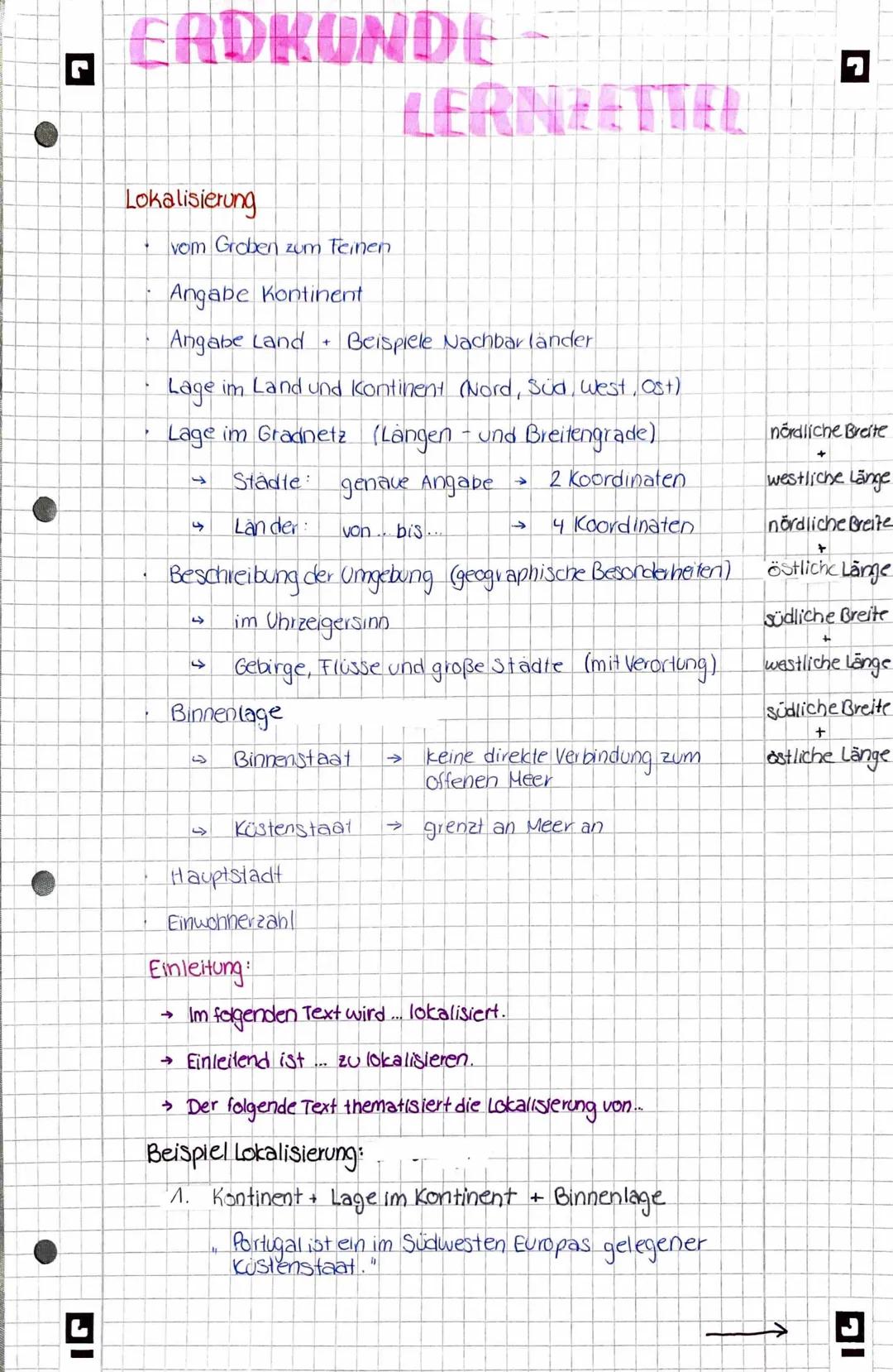 # EADKONDE-
LERNZETTEL
Lokalisierung
- vom Groben zum Feinen
- Angabe Kontinent
- Angabe Land + Beispiele Nachbar lander
- Lage im Lan