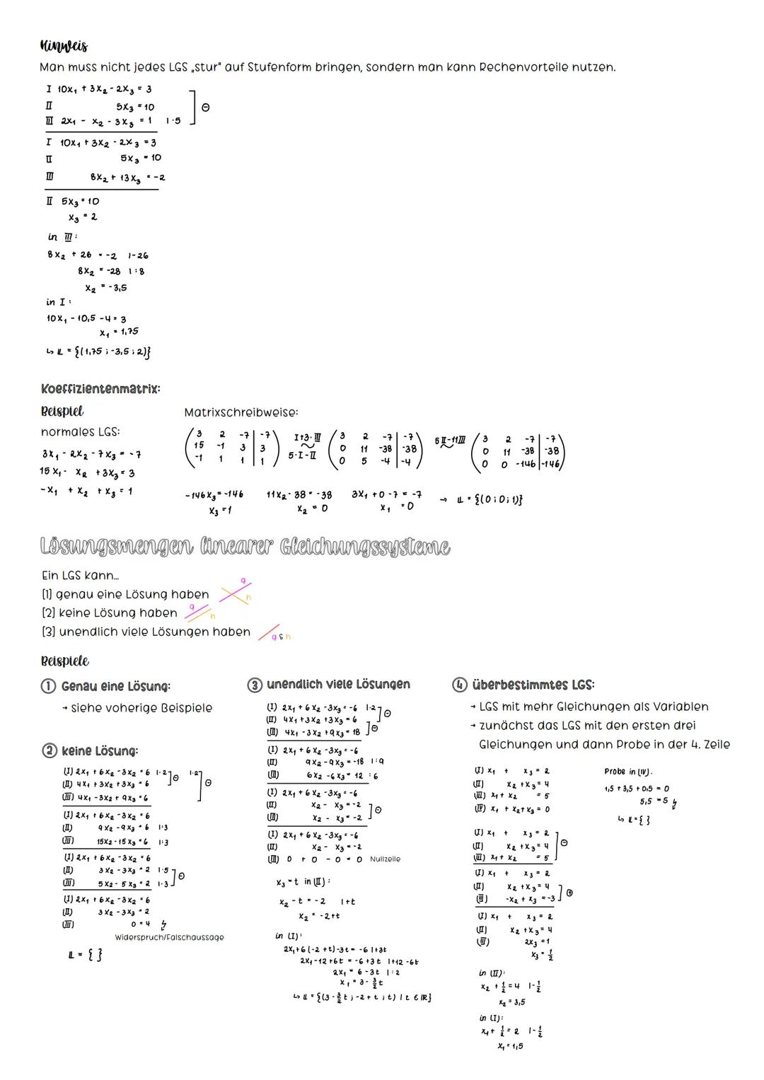 # Analysis
I Lineare Gleichungssysteme
Ein LGS ist ein System aus zwei oder mehreren Gleichungen (kein Quadrat x²", kein hoch 3").
Die Lösu