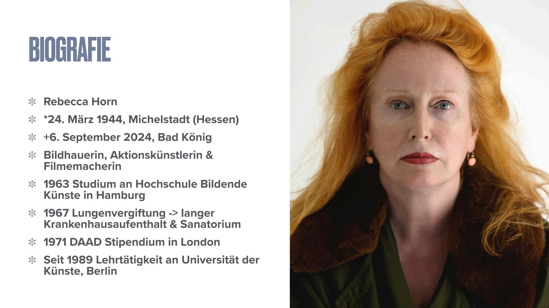 REBECCA HORN
ZOE & SOPHIE „Die sanfte Gefangene" (1978)
,,Memorial Promenade" (1990) INHALT
* Biografie
Historischer Hintergrund
*Themen, Mo