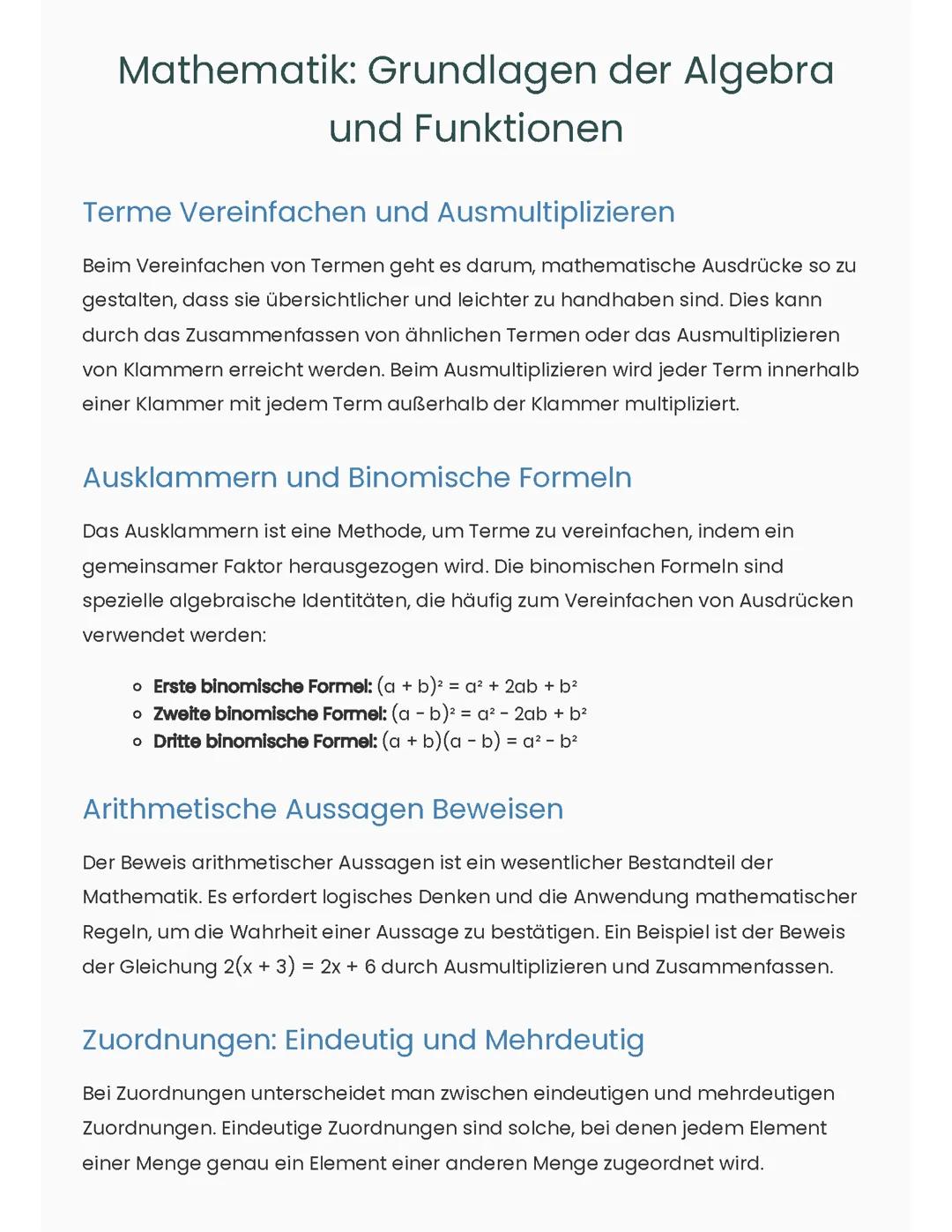 Mathematik: Grundlagen der Algebra und Funktionen