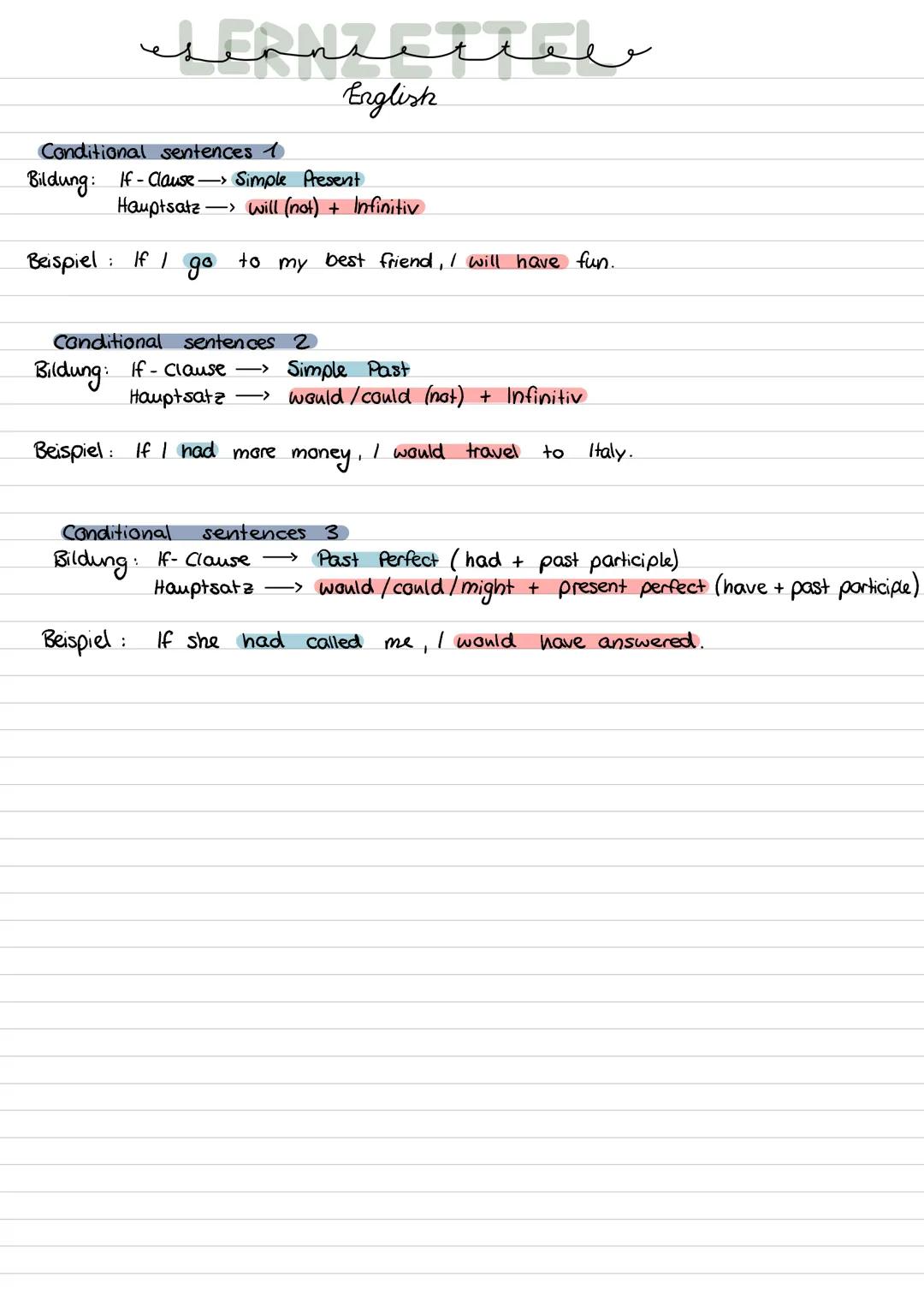English
Conditional sentences 1
Bildung: If-Clause -> Simple Present
Hauptsatz -> will (not) + Infinitiv
Beispiel: If I
до
to
my
best friend