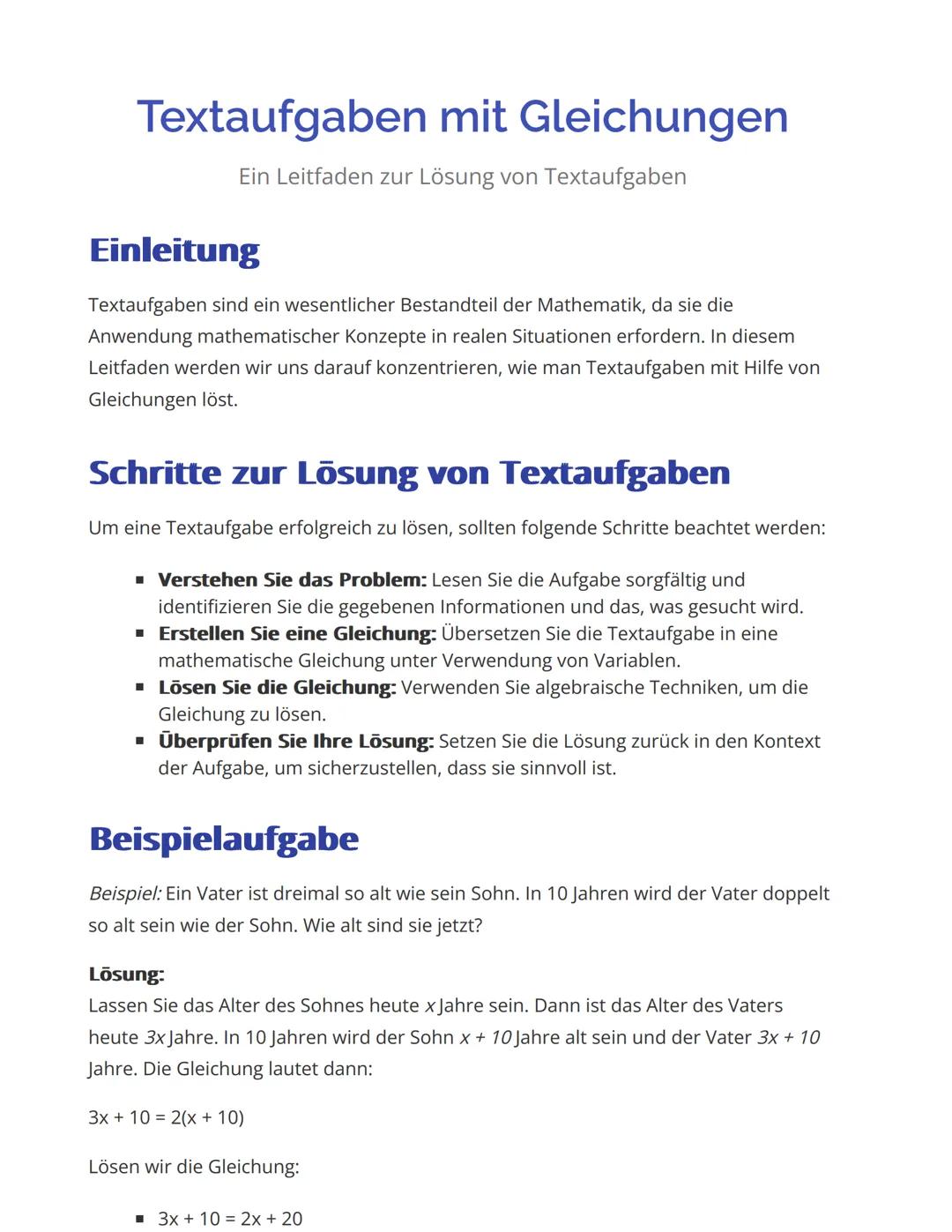 # Textaufgaben mit Gleichungen
Ein Leitfaden zur Lösung von Textaufgaben
## Einleitung
Textaufgaben sind ein wesentlicher Bestandteil der