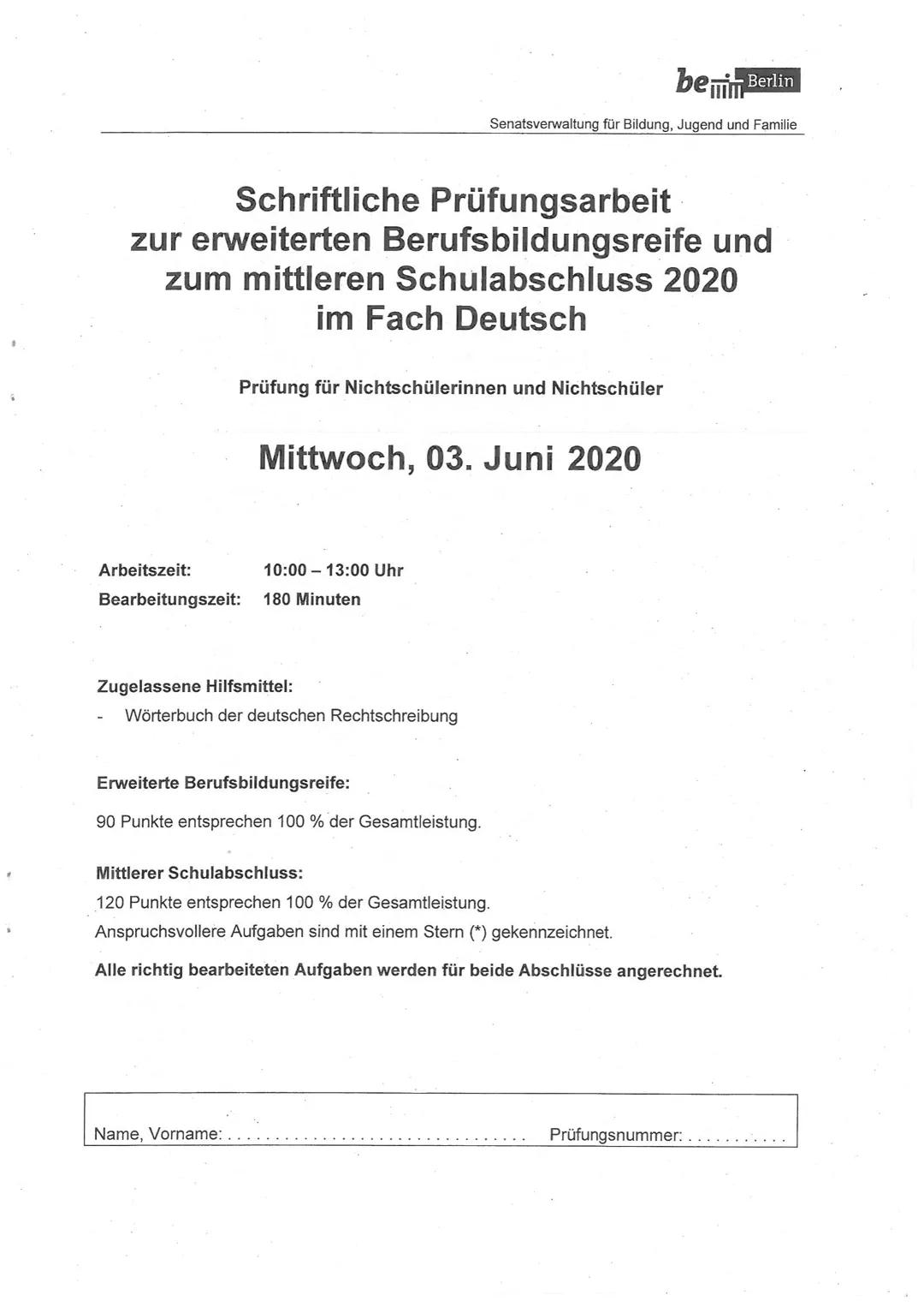 beBerlin
Senatsverwaltung für Bildung, Jugend und Familie
Schriftliche Prüfungsarbeit
zur erweiterten Berufsbildungsreife und
zum mittleren