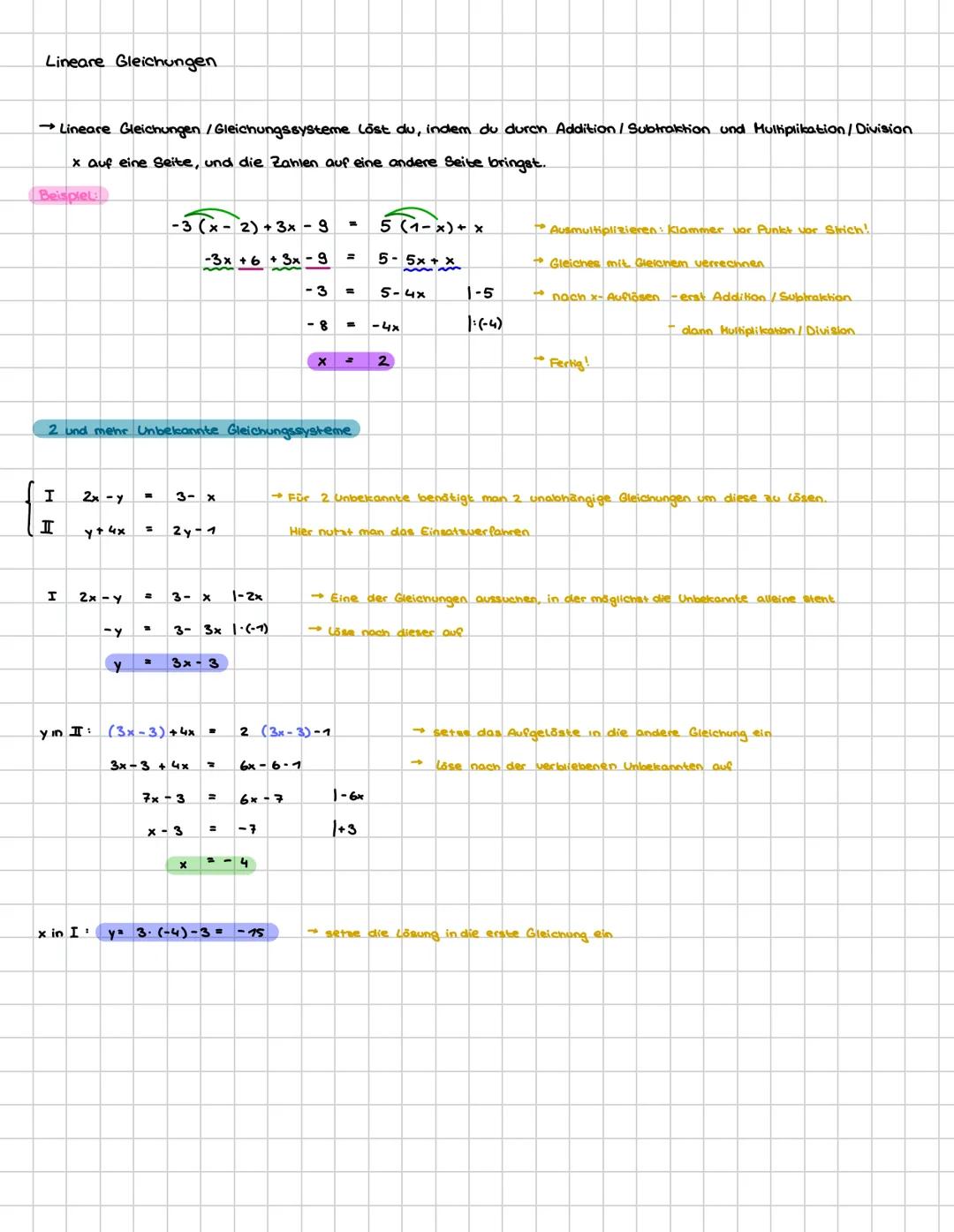 # Lineare Gleichungen
→Lineare Gleichungen/Gleichungssysteme lost du, indem du durch Addition/Subtraktion und Multiplikation/Division
x auf
