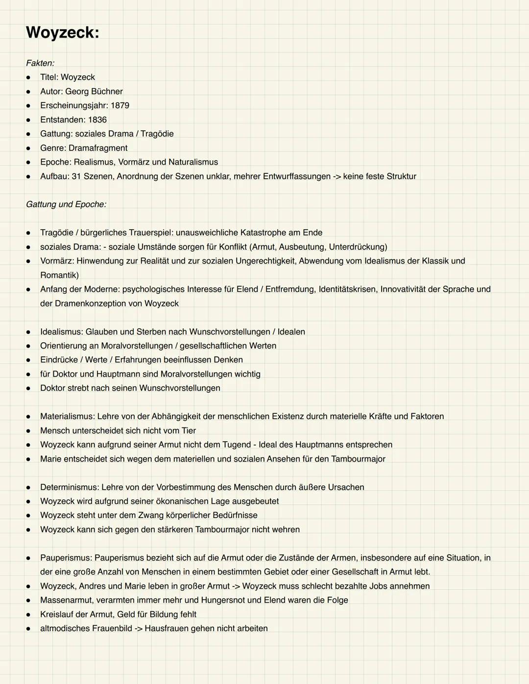 # Woyzeck:
Fakten:
- Titel: Woyzeck
- Autor: Georg Büchner
- Erscheinungsjahr: 1879
- Entstanden: 1836
- Gattung: soziales Drama / Tragödie