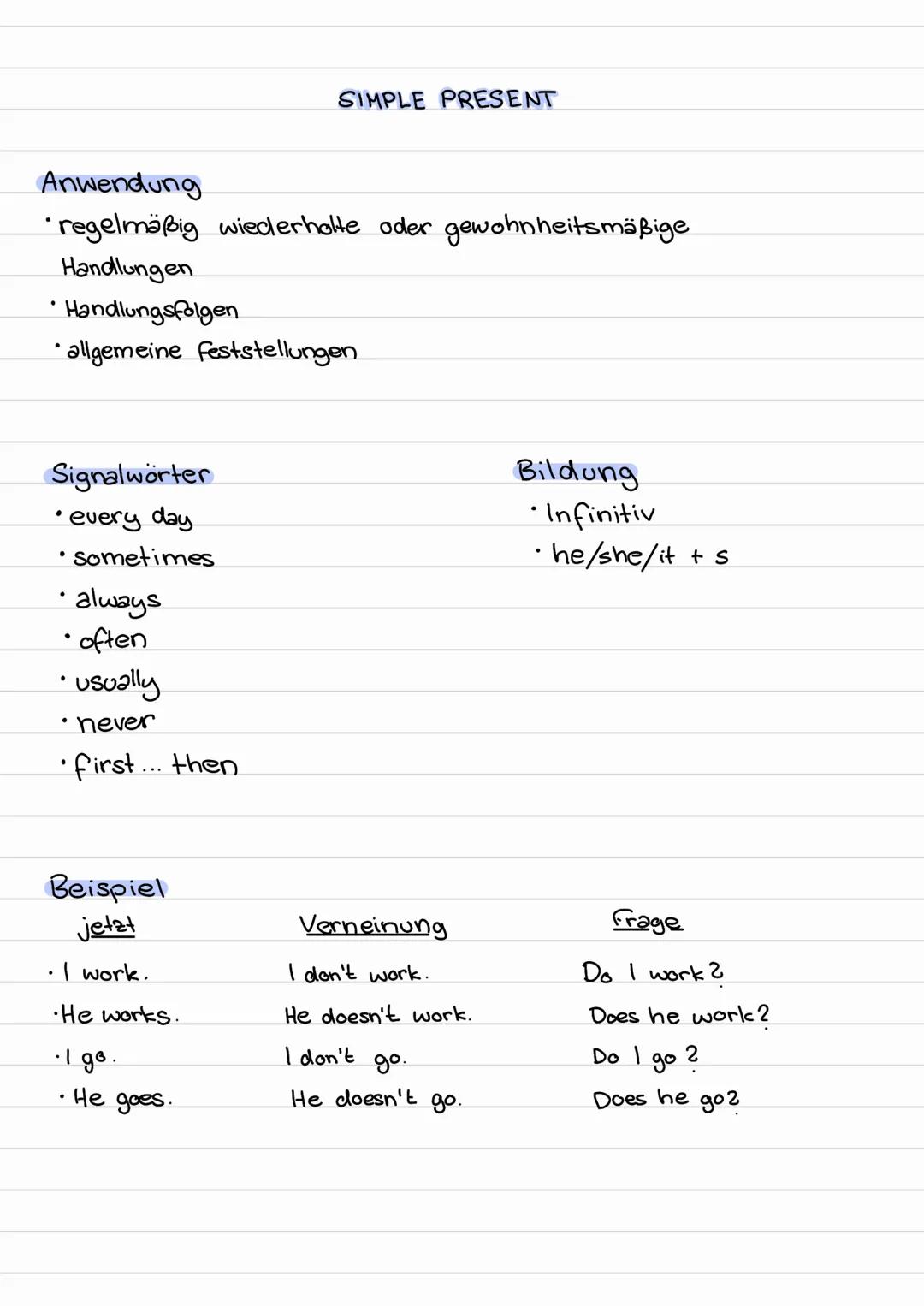 SIMPLE PRESENT
Anwendung
·regelmäßig wiederholte oder gewohnheitsmäßige
Handlungen
•Handlungsfolgen
• allgemeine feststellungen
Signalwörter