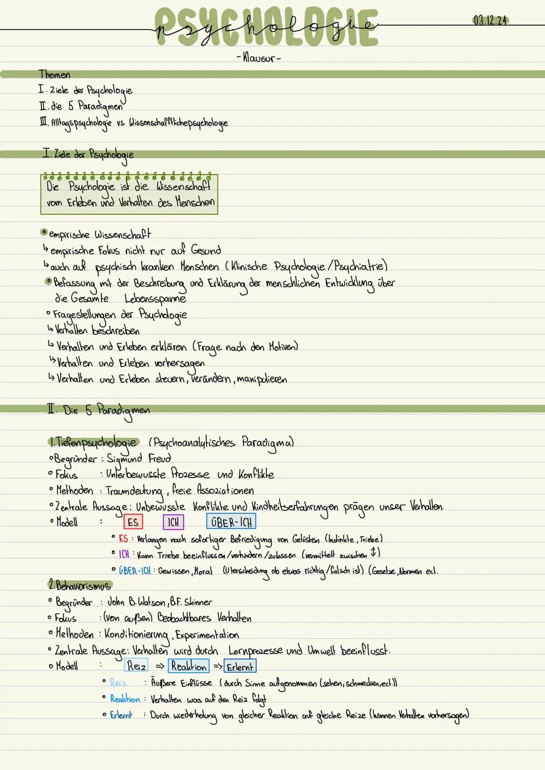 # Psychologle
- Klausur-
03.12.24
Themen
I. Ziele der Psychologie
I. die 5 Paradigmen
II. Allagspsychologie vs Wissenschafftlichepsychologi