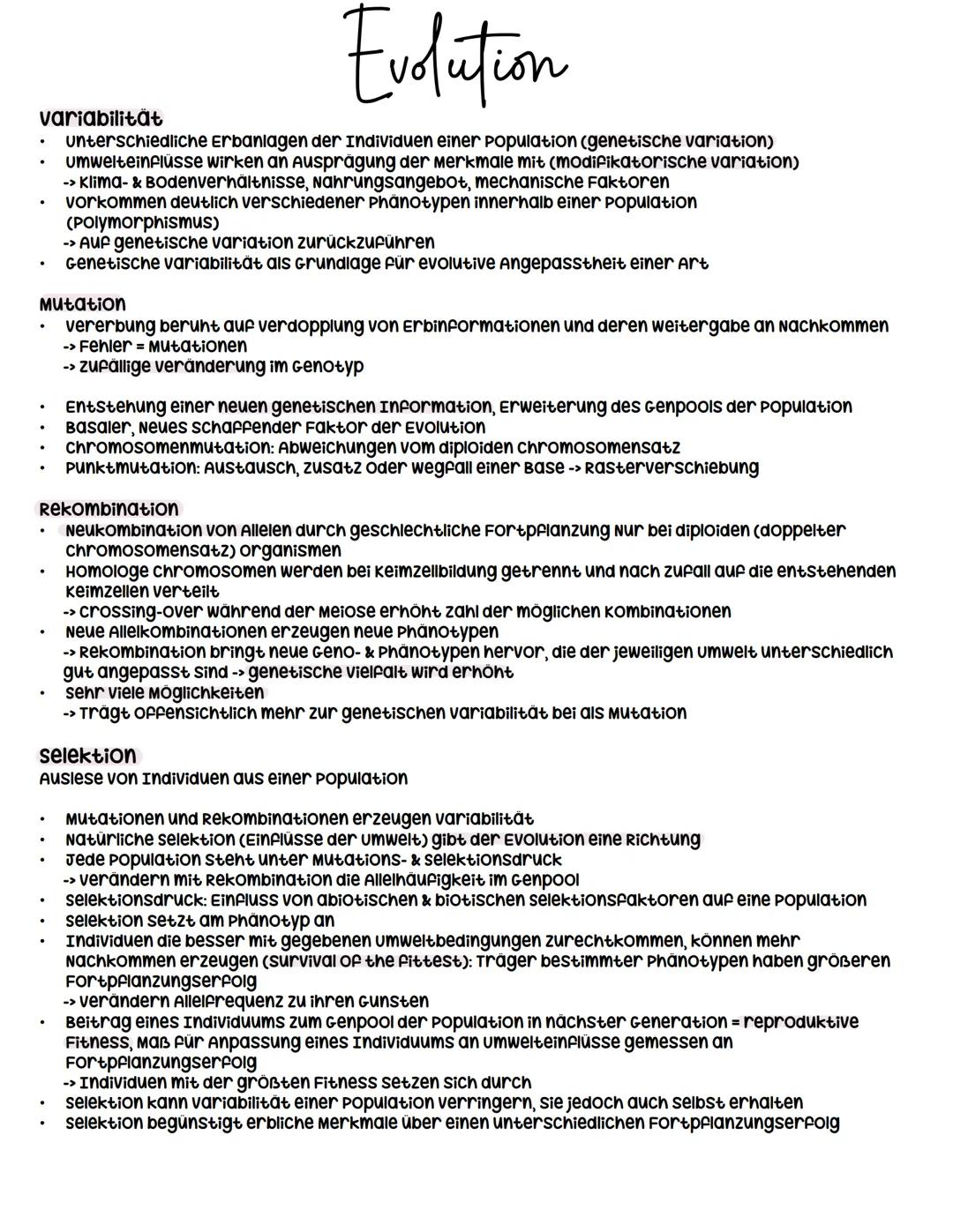 # Evolution
variabilitat
*   unterschiedliche Erbanlagen der Individuen einer population (genetische variation)
*   umwelteinflüsse wirken