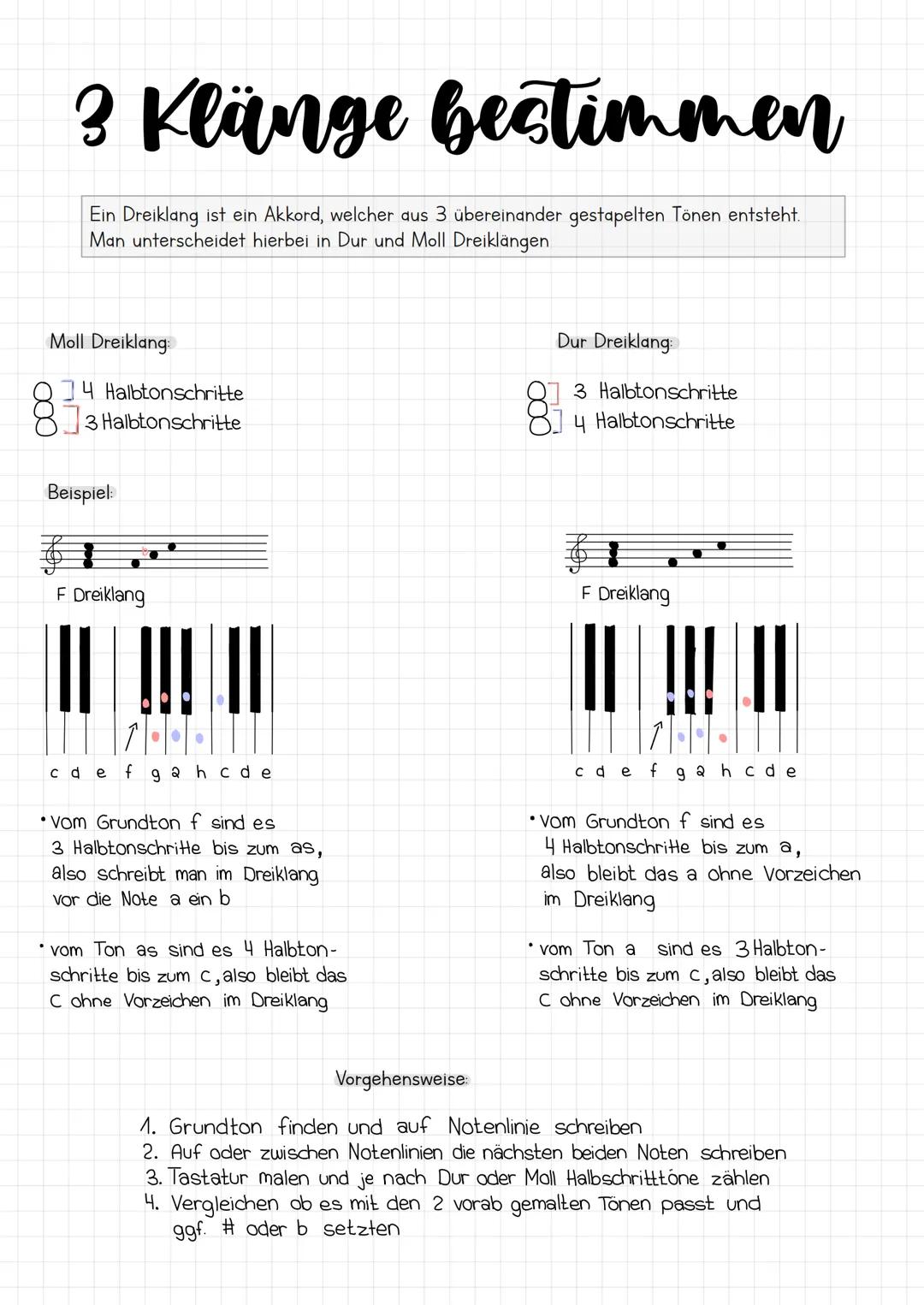 3 Klänge bestimmen
Ein Dreiklang ist ein Akkord, welcher aus 3 übereinander gestapelten Tönen entsteht.
Man unterscheidet hierbei in Dur und