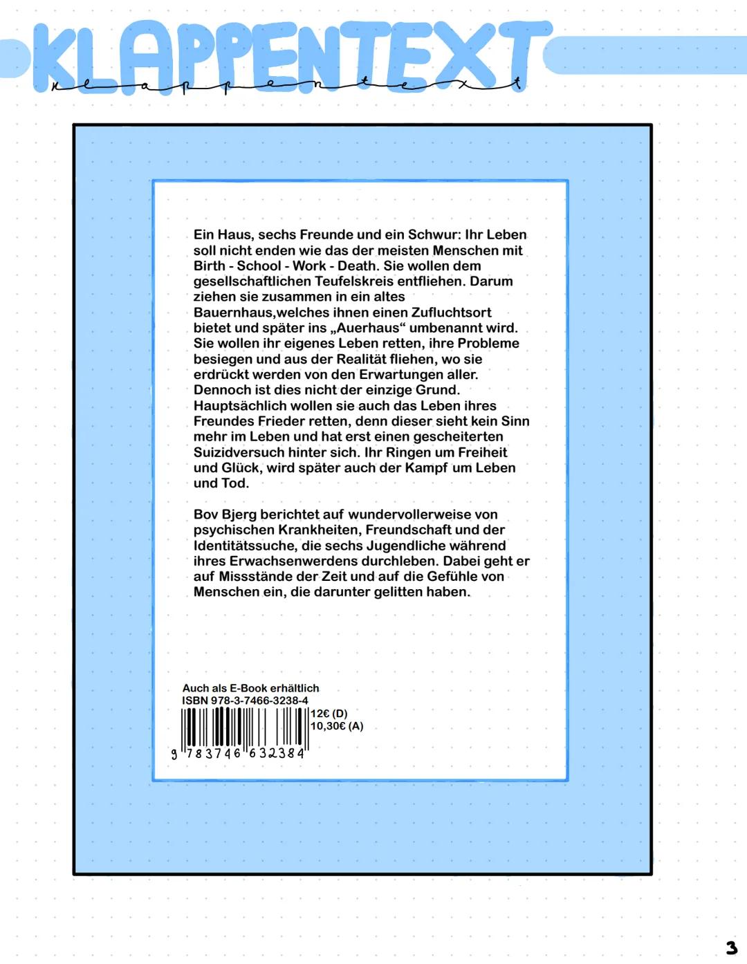 LESETAGEBUCH INHALTSVERZEICHNIS
Seite
Thema
1
Cover
2
Bedeutung vom Cover
3
4
5
6-10
11-12
13
Klappentext
allgemeiner Überblick
Handlungsver