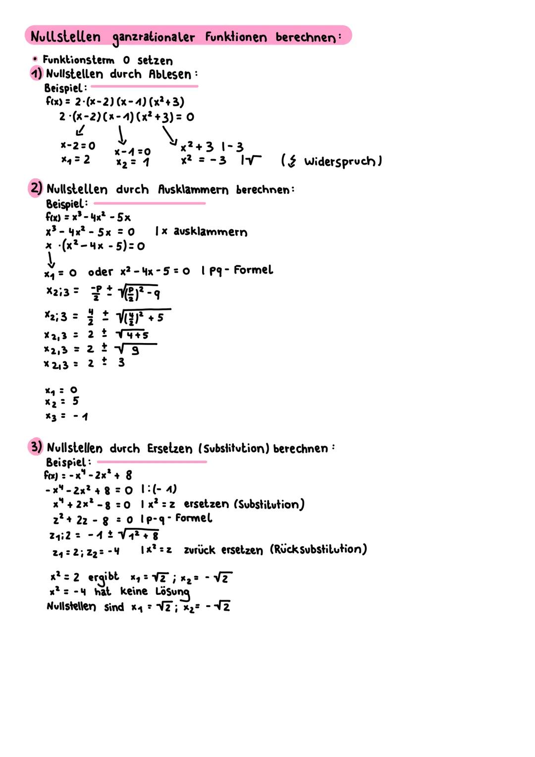 # Nullstellen ganzrationaler Funktionen berechnen:
• Funktionsterm O setzen
1) Nullstellen durch Ablesen:
Beispiel:
f(x) = 2-(x-2)(x-1)