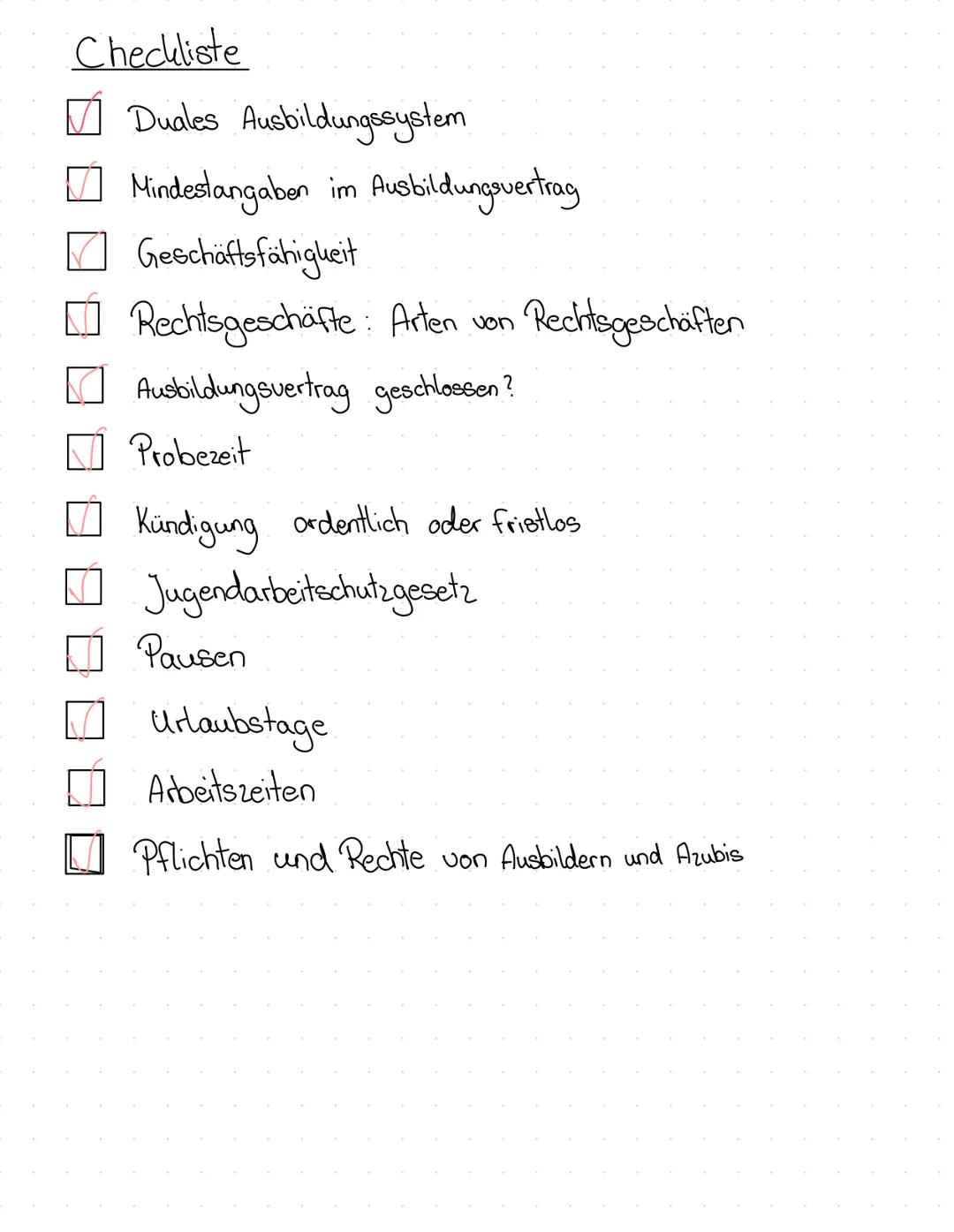 Checkliste
✓ Duales Ausbildungssystem
Mindestangaben im Ausbildungsvertrag
Geschäftsfähigkeit
Rechtsgeschäfte: Arten von Rechtsgeschäften
Au