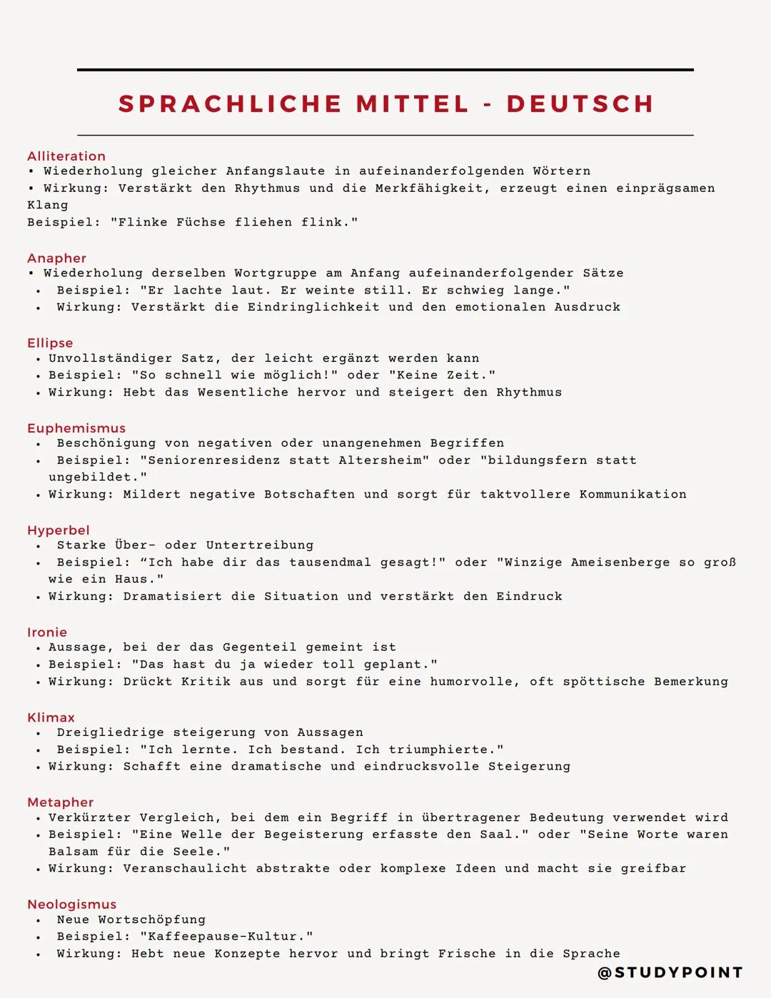 # SPRACHLICHE MITTEL - DEUTSCH
Alliteration
* Wiederholung gleicher Anfangslaute in aufeinanderfolgenden Wörtern
* Wirkung: Verstärkt