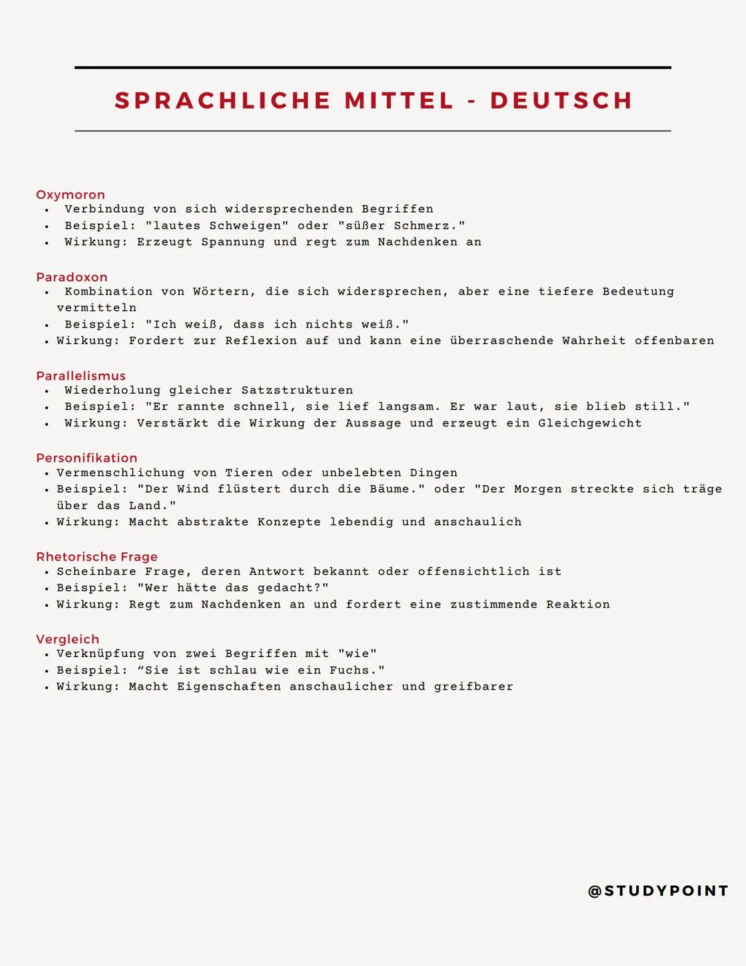 # SPRACHLICHE MITTEL - DEUTSCH
Alliteration
* Wiederholung gleicher Anfangslaute in aufeinanderfolgenden Wörtern
* Wirkung: Verstärkt