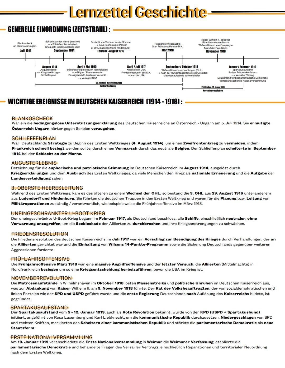 # Lernzettel Geschichte
GENERELLE EINORDNUNG (ZEITSTRAHL):
Blankovollmacht
Ultimatum/Antwortnote/
Kriegserklärung/Mobilisierung
Juli 1914