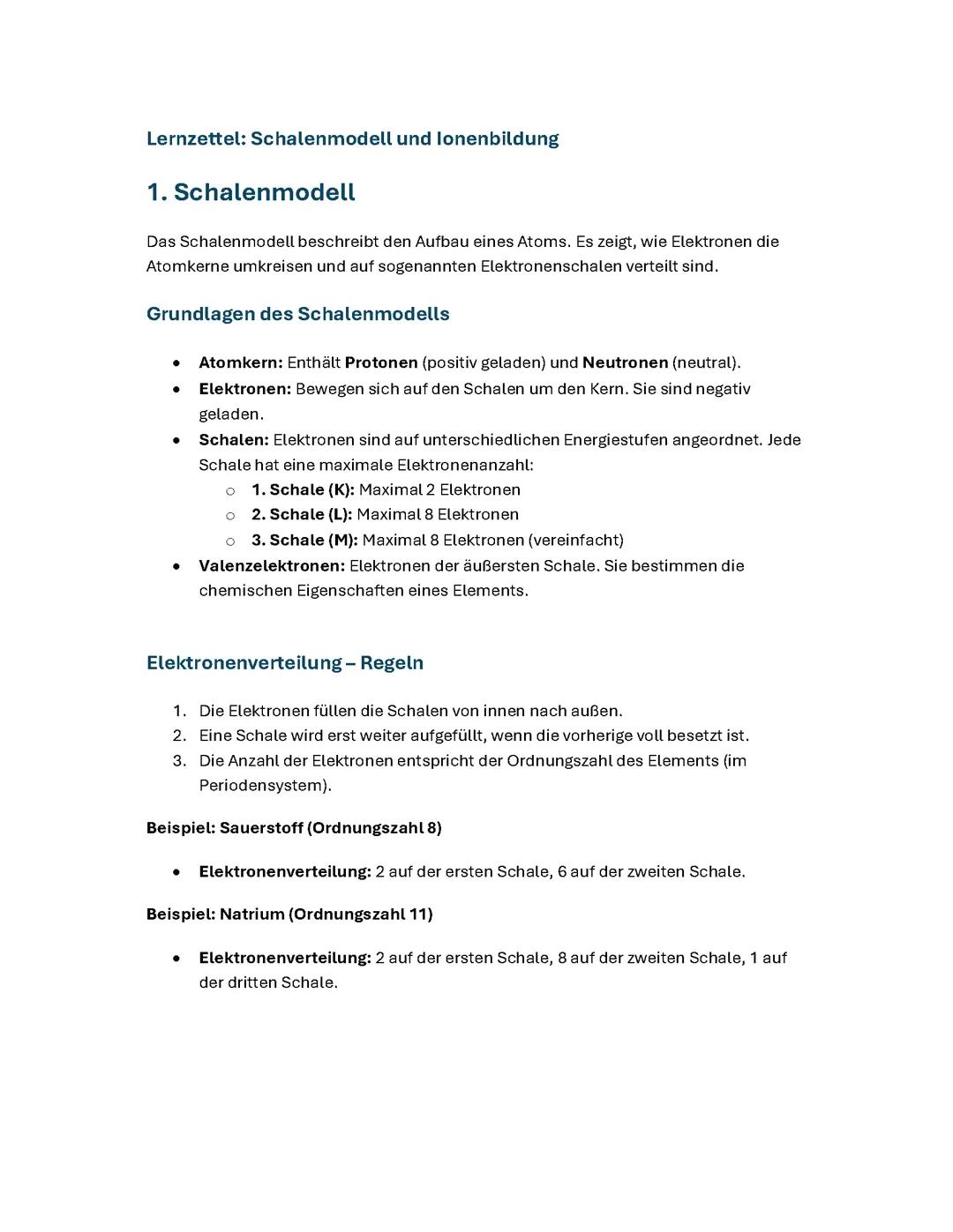 Chemie Lernzettel zu den Themen : Schalenmodell und Ionenbildung