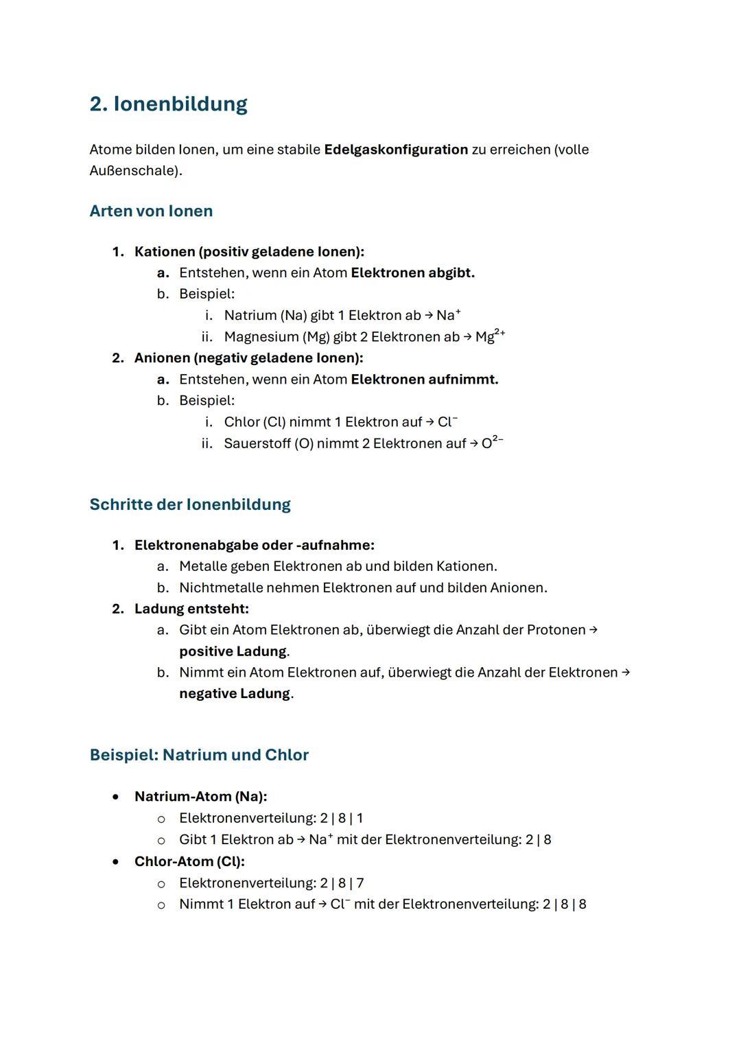 Lernzettel: Schalenmodell und lonenbildung
1. Schalenmodell
Das Schalenmodell beschreibt den Aufbau eines Atoms. Es zeigt, wie Elektronen di