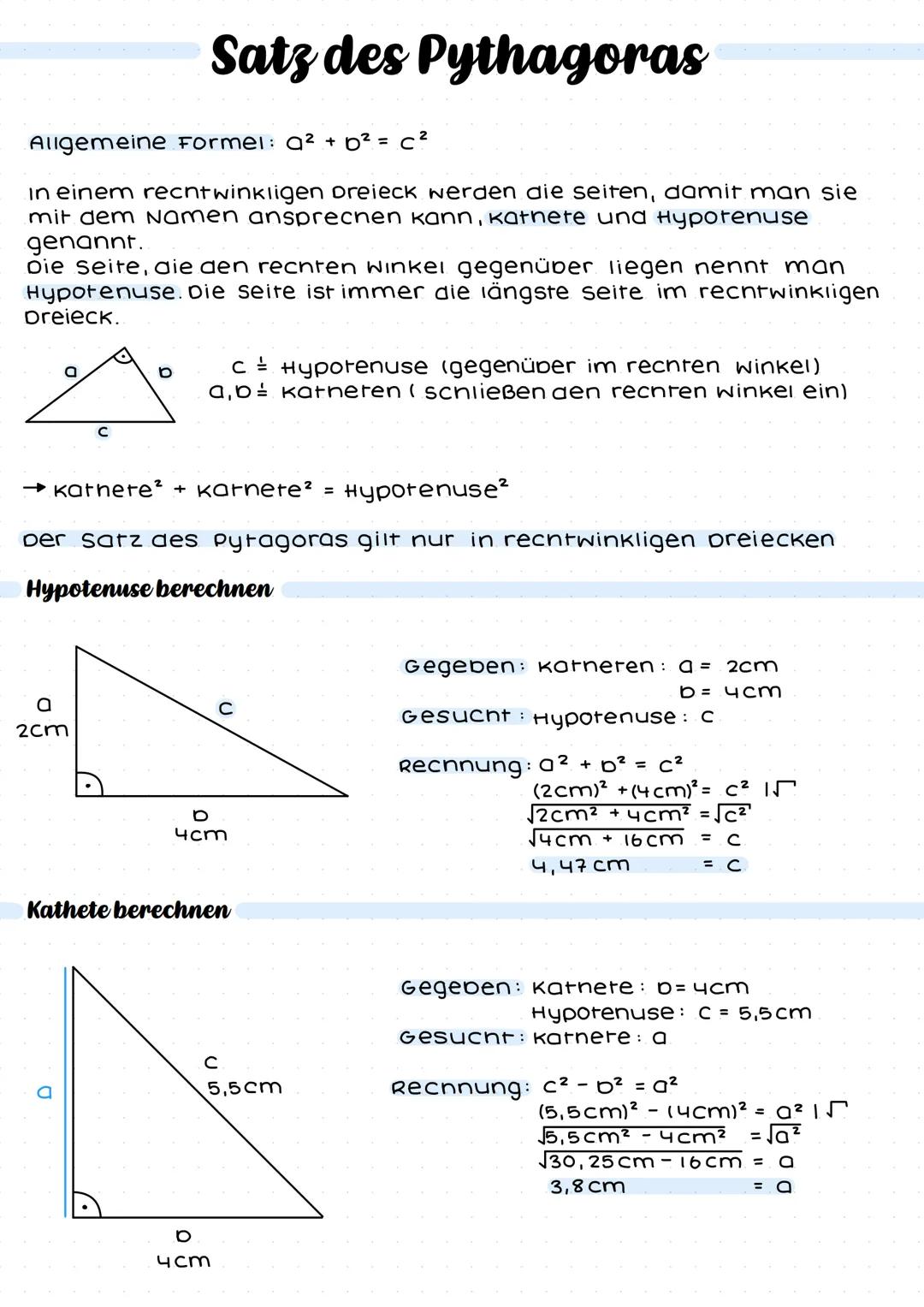 # Satz des Pythagoras
Allgemeine Formel: Q² + b² = c²
in einem recntwinkligen Dreieck werden die seiten, damit man sie
mit dem Namen anspr