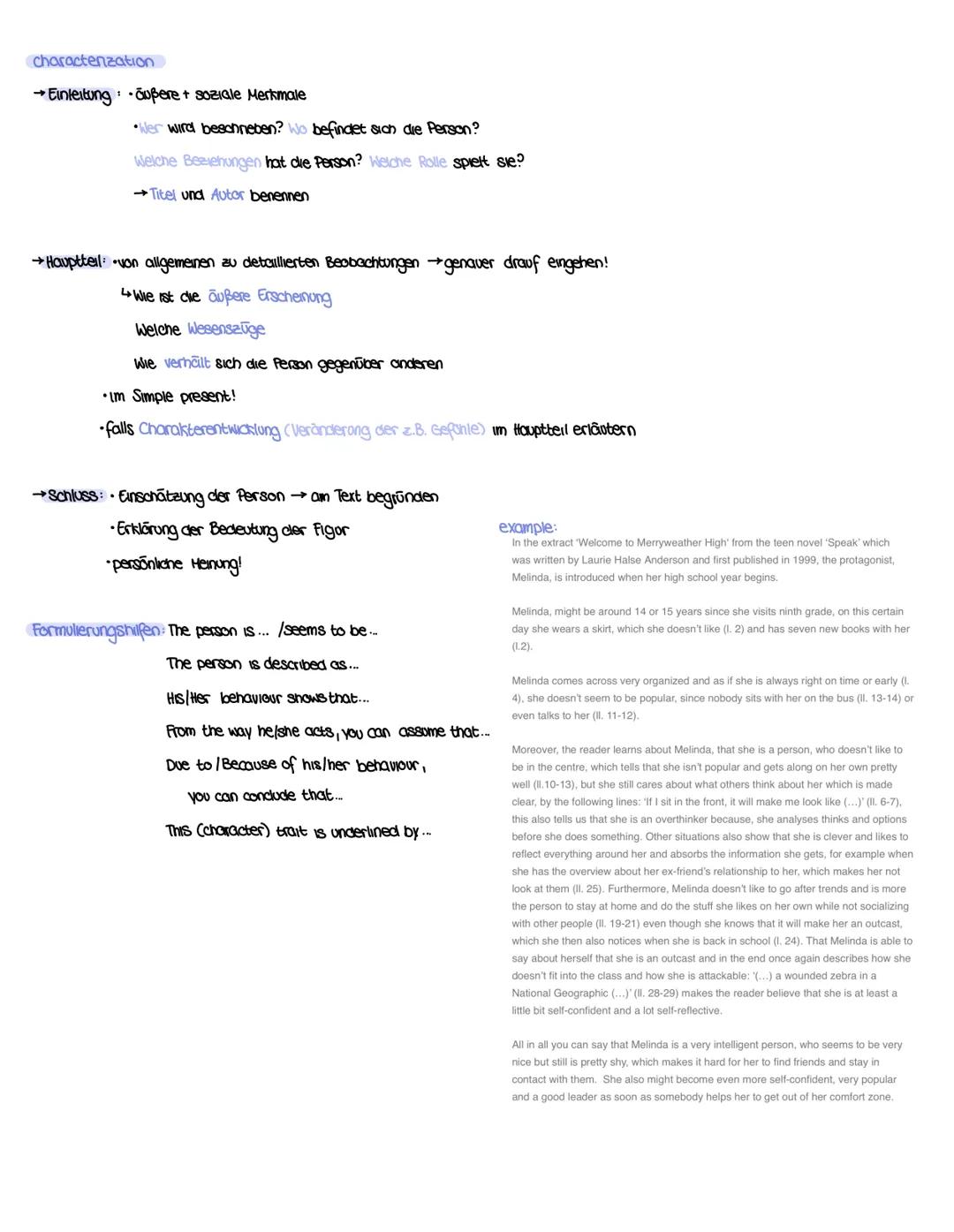 charactenzation
→ Einleitung: δußere + soziale Merkmale
•Wer wird beschneben? Wo befindet sich die Person?
Welche Beziehungen hat die Per