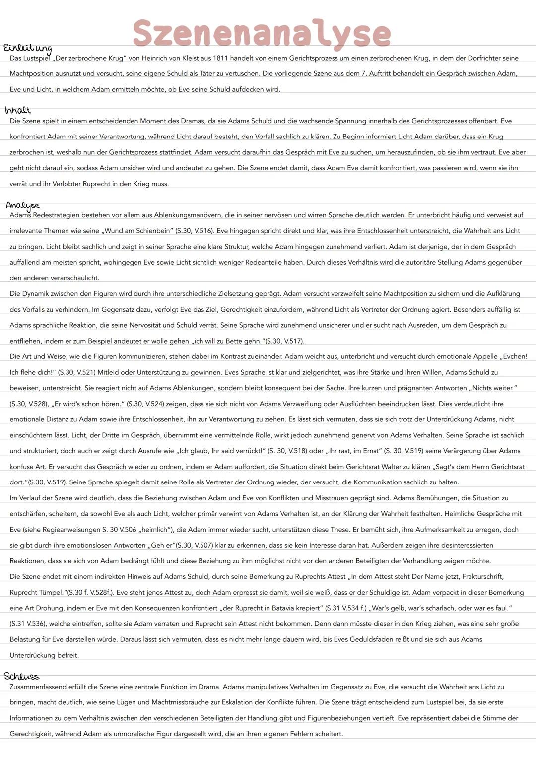 Einleitung
Szenenanalyse
Das Lustspiel „Der zerbrochene Krug" von Heinrich von Kleist aus 1811 handelt von einem Gerichtsprozess um einen ze