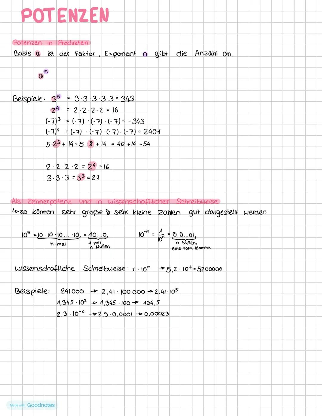POTENZEN
Potenzen in Produkten
Basis a ist der Faktor, Exponent n gibt die Anzahl an.
Beispiele: 35
24
= 3.3.3.3.3=343
= 2.2.2.2 = 16
(-7) ³