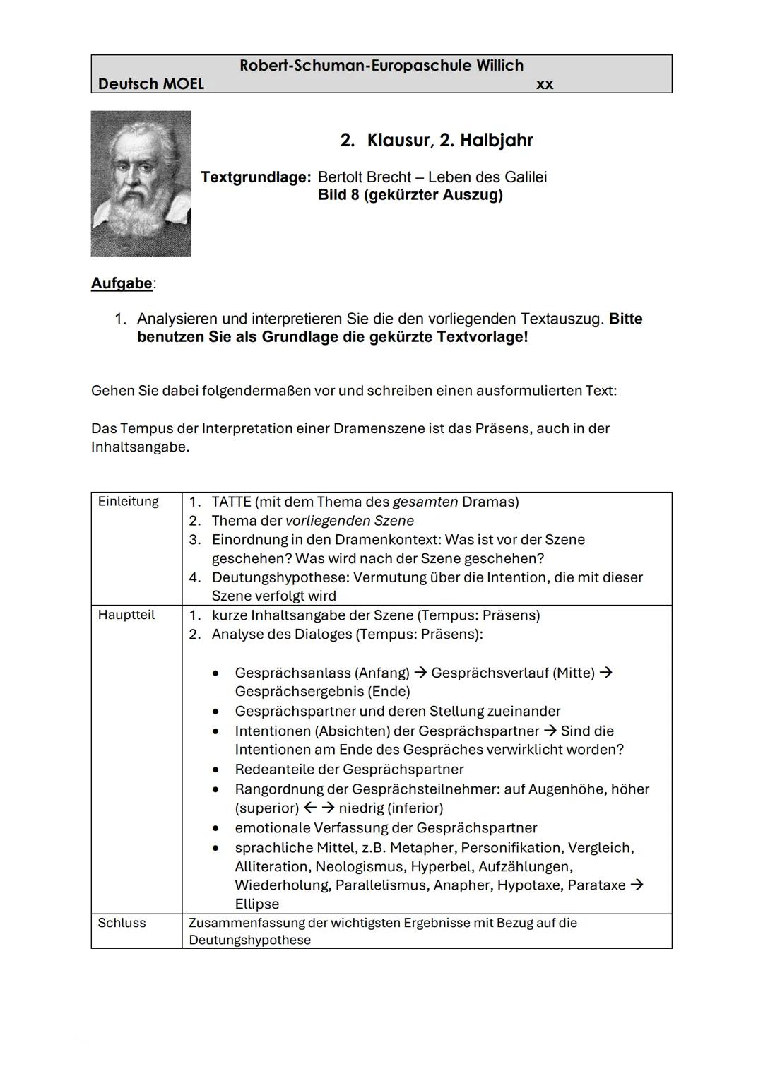 Robert-Schuman-Europaschule Willich
Deutsch MOEL
XX
2. Klausur, 2. Halbjahr
Textgrundlage: Bertolt Brecht - Leben des Galilei
Bild 8 (gekürz